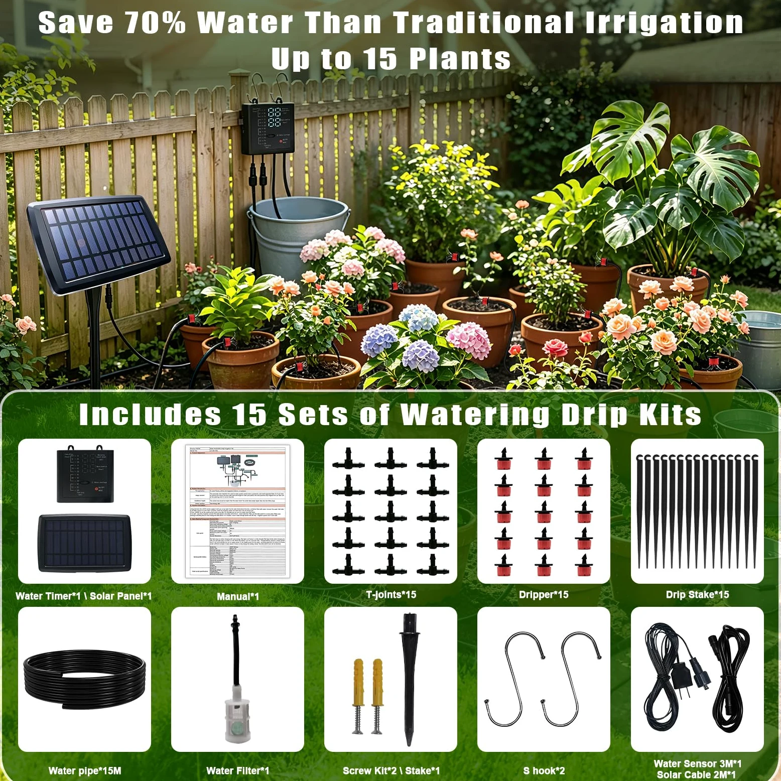 Sistema de riego por goteo automático solar, 12 ajustes de temporizador, sistema de riego de jardín, dispositivos de riego automático para plantas, camas elevadas, invernadero, viajes, impermeable
