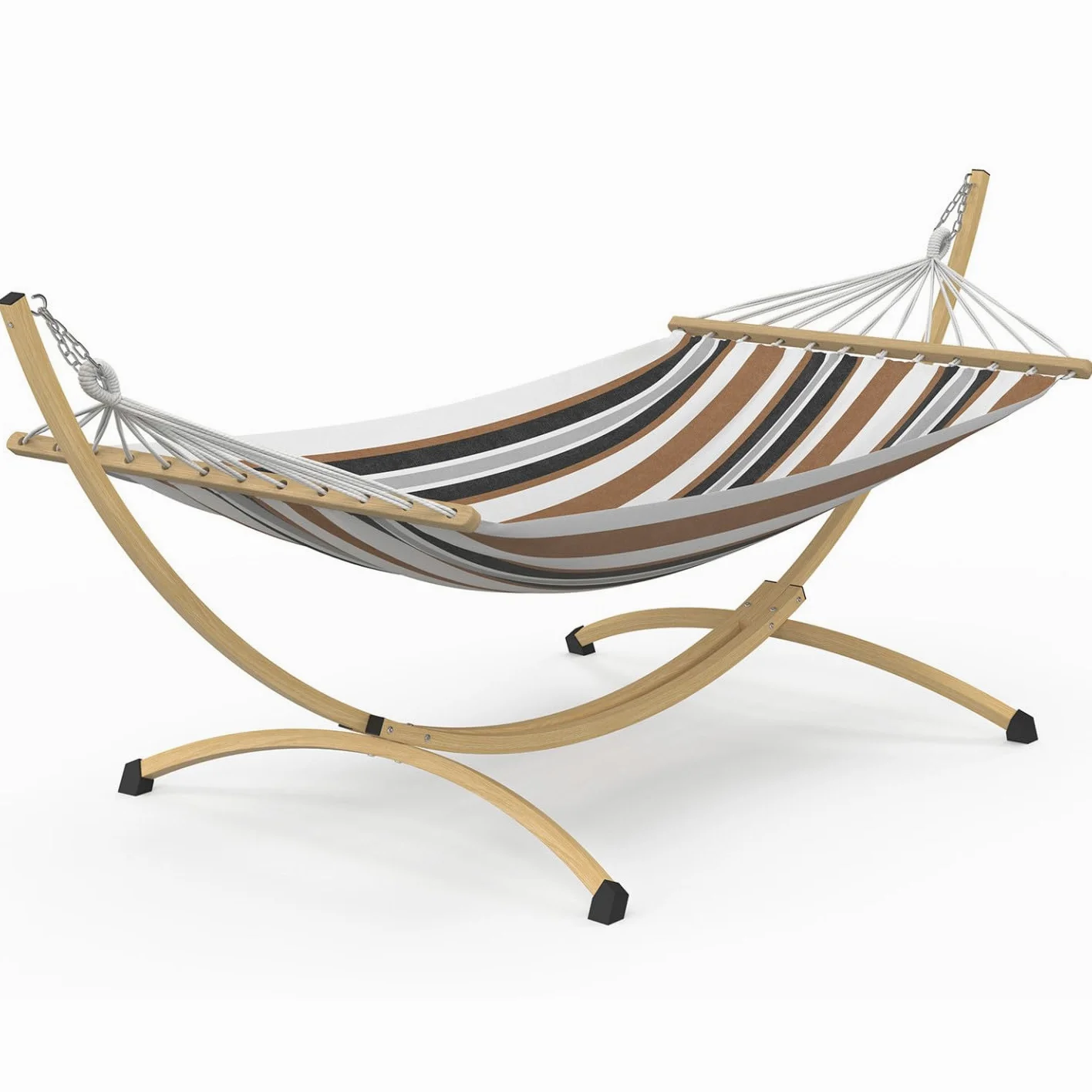 IDMarket – Hamaca XL con soporte de metal, efecto madera y tela rayada negra, blanca y chocolate