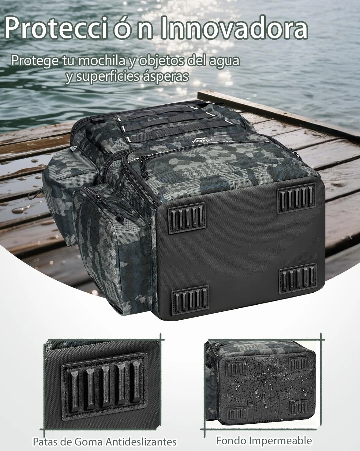 MATEIN Mochila Pesca Impermeable con 4 Cajas Aparejos y Soporte Caña Camuflaje