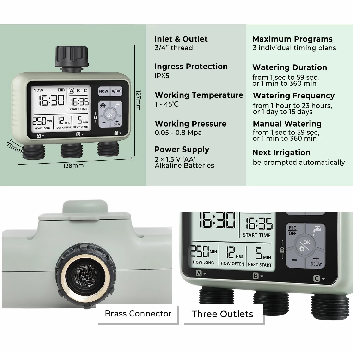 3 Salidas Programador Riego Automático,Johgee Programador de riego, Sistema de riego Controlador/Modo de Bloqueo para niños/Modo automático y Manual/Retraso por Lluvia / IPX5 a Prueba de Agua