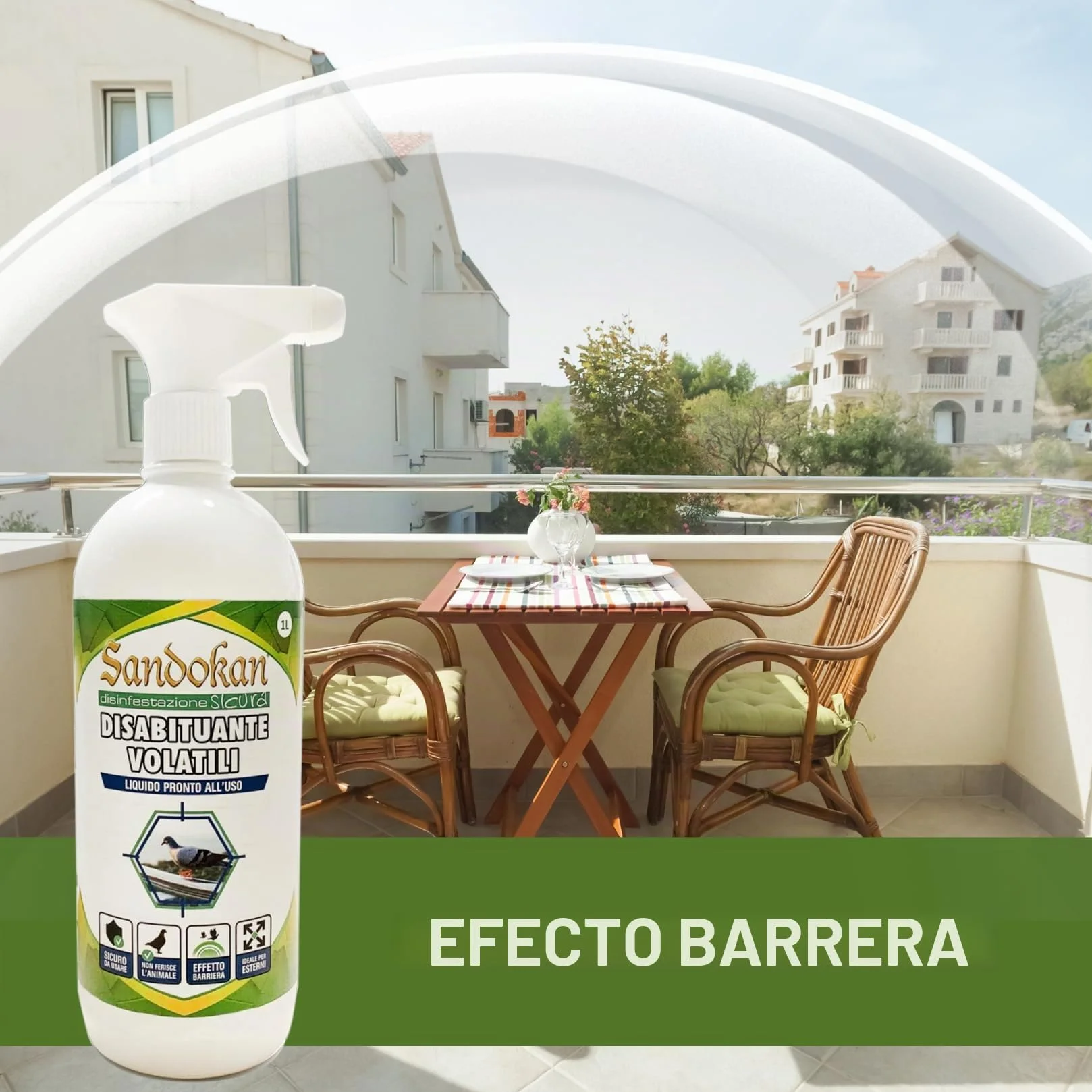Sandokan Ahuyentador de Palomas Spray 1 Litro, Repelente Natural de Aves Listo para Usar, Disuasorio Líquido para Balcones y Ventanas Sin Gas, Fabricado en Italia