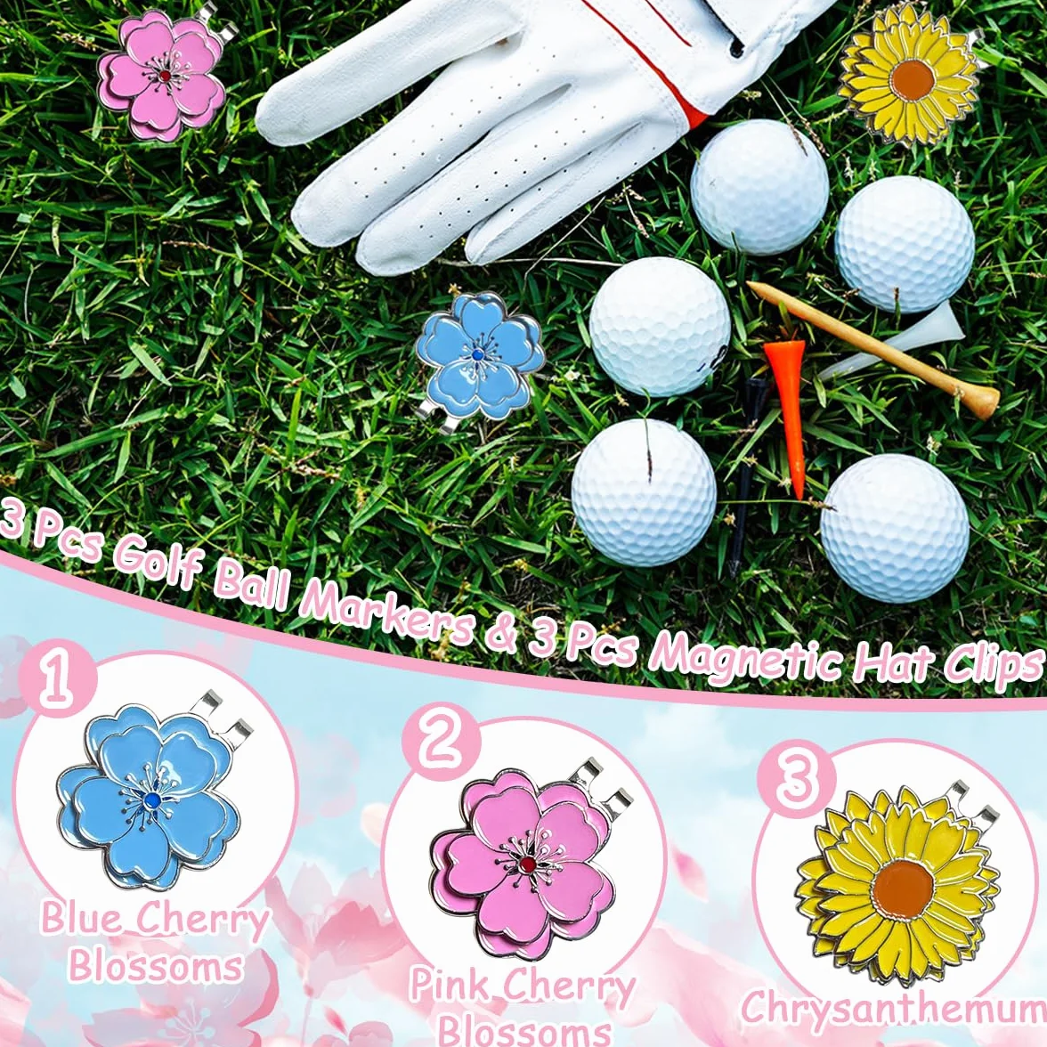 Juego de 3 marcadores de pelota de golf con clips magnéticos