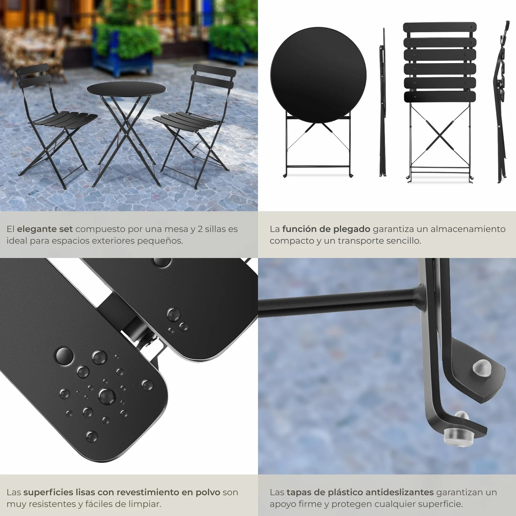tectake® Conjunto Muebles Jardín Exterior de Mesa de Bistró y 2 Sillas, Plegables, Tapas Antideslizantes, Mesa y Sillas Terraza Estilo Retro con Estructura de Acero, Ideal Balcones Pequeños - Negro