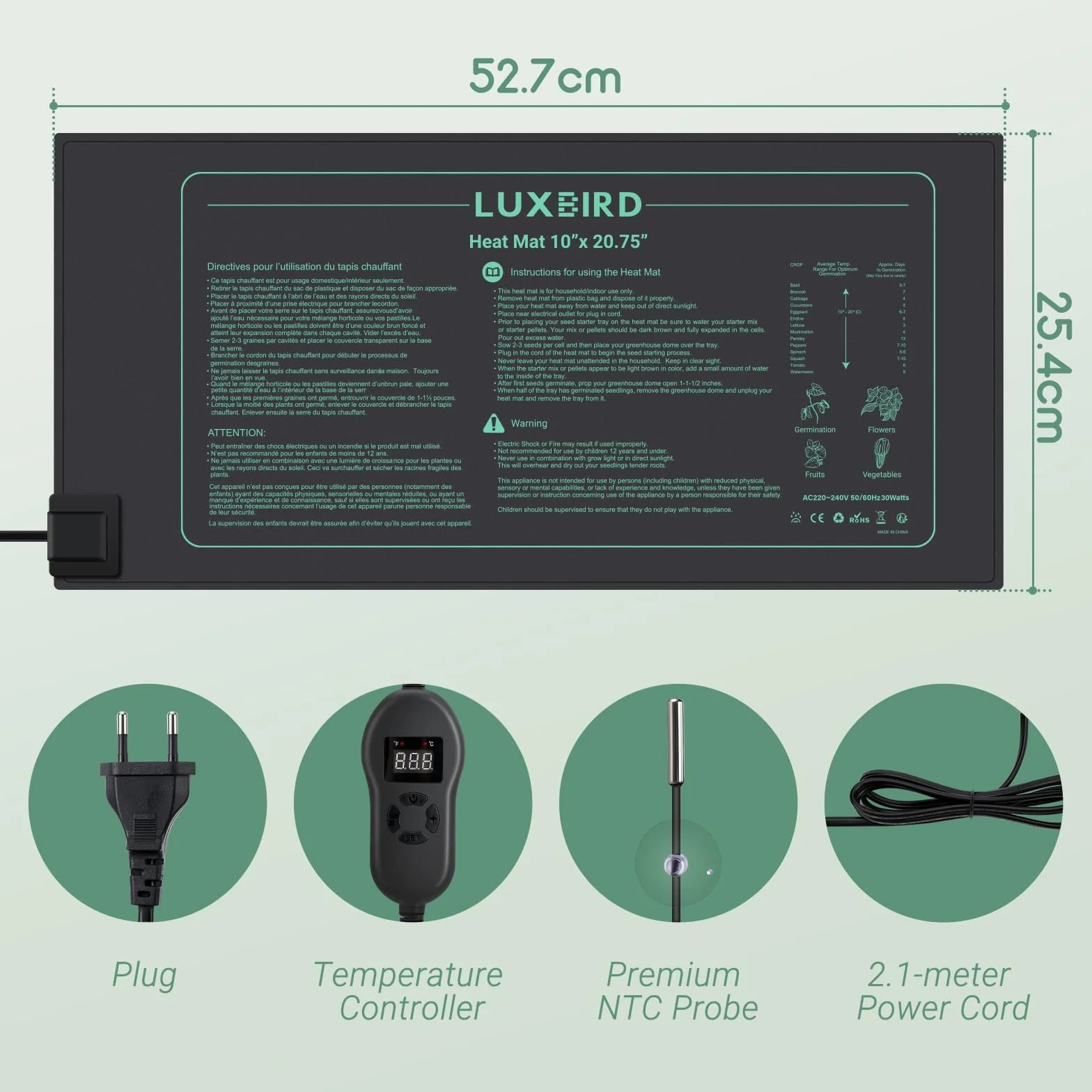 Luxbird Estera Calefactora para Plantas con Termostato Digital, Sonda NTC y Protección IP67, 30W, 52 x 25 cm, Estera térmicas Ideal para Germinación, Invernaderos, Elaboración de Cerveza