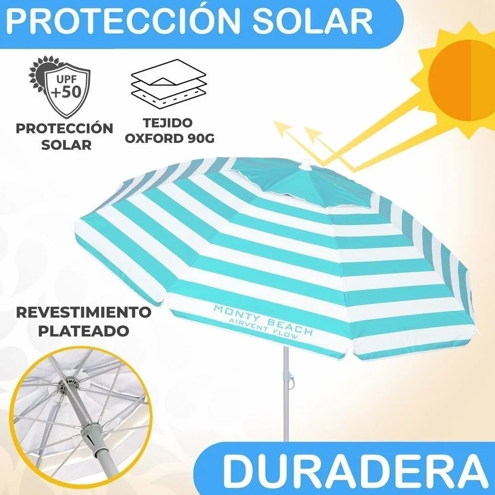 LOLAhome Sombrilla Playa 180 cm y Soporte Arena, protección UV+50, sombrilla antiviento, Varillas Flexibles Fibra Vidrio, Techo ventilación, mástil inclinable y Regulable Altura, Bolsa