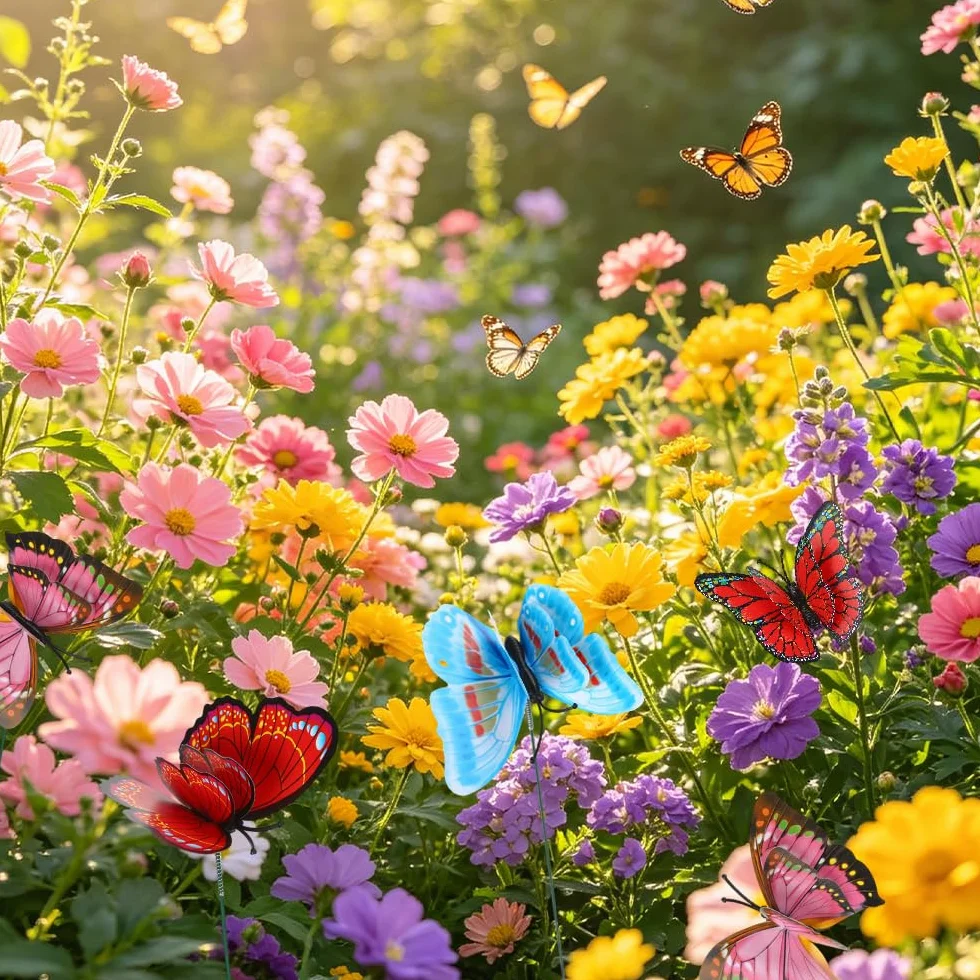 Juego de 50 Estacas de Jardín – Mariposas, Libélulas y Mariquitas en PVC Impermeable, Adornos Coloridos de 7 cm para Patio, Maceta y Decoración Exterior