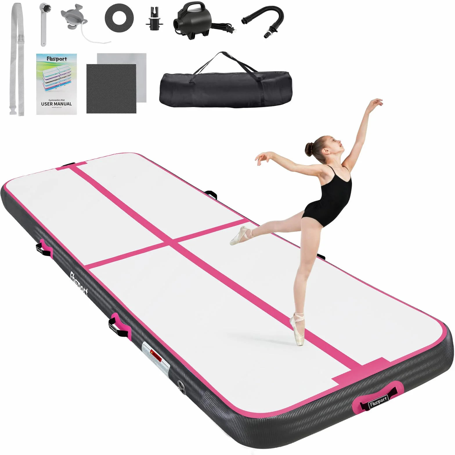 FBSPORT Colchoneta Gimnasia Hinchable 3 4 5 M, 10/20 cm Tumbling Mat con Bomba de Aire y Bolsa de Transporte