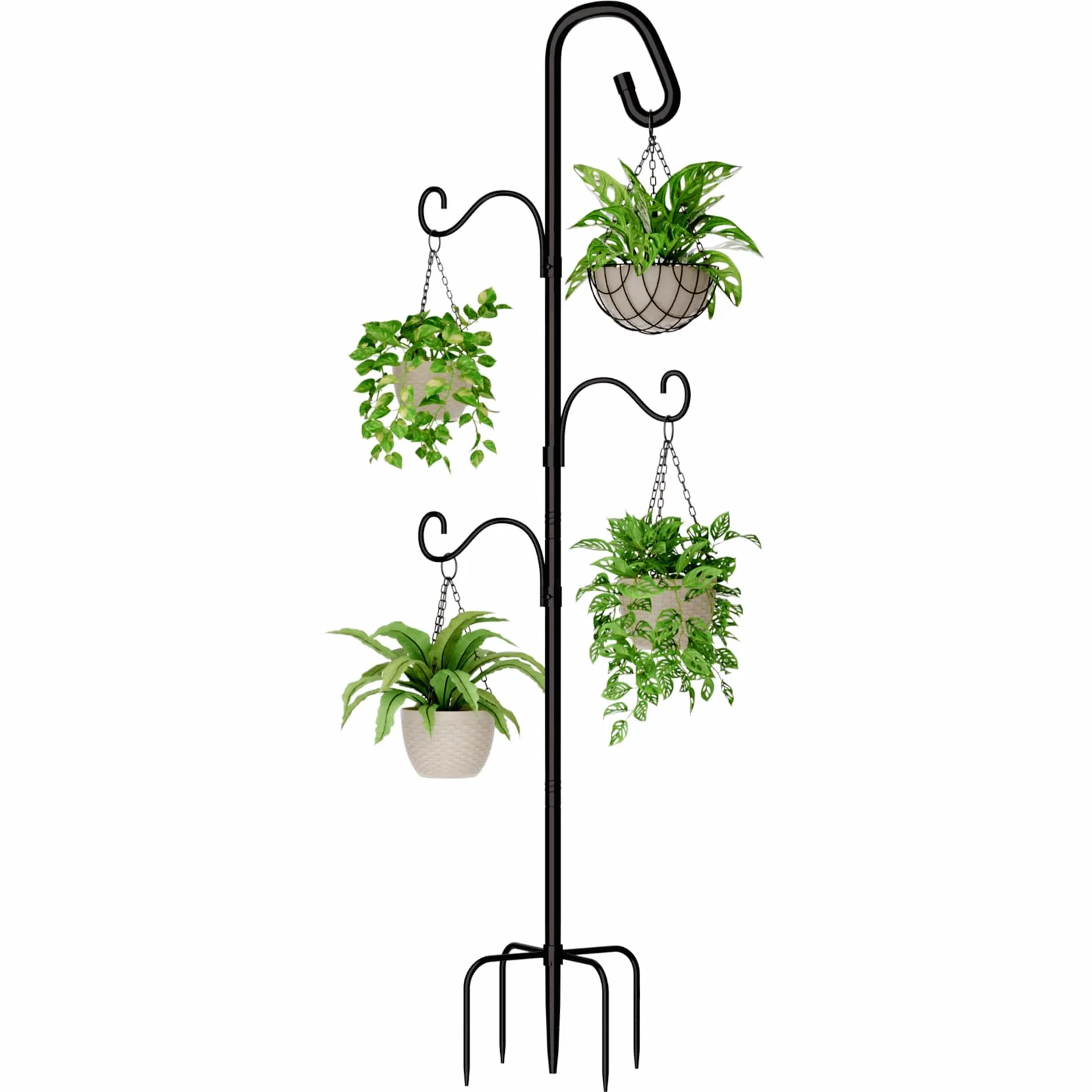 Bamworld Gancho de Pastor para Exterior 160cm Gancho de Pie Metálico con 3 Ganchos Ajustables y Base Estable de 4 Patas Para Macetas Colgantes, Plantas, Faroles, Patio, Jardín y Decoración