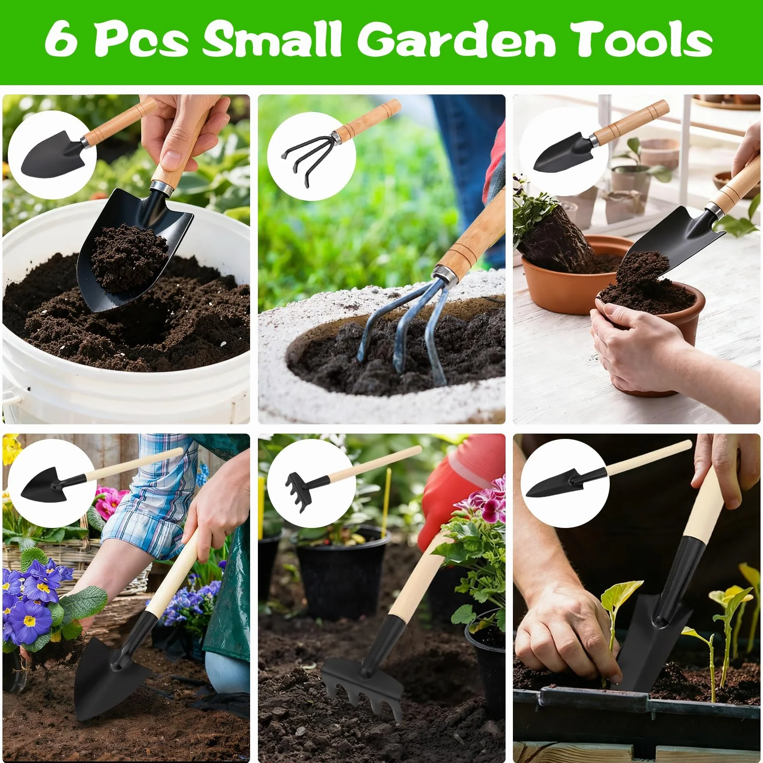 6 Juego de Herramientas de Jardín, Mini Herramientas Jardineria, Herramientas de Jardín Pequeñas, Kit de Jardinería Mango de Madera, Pala, Pala Pequeña, Rastrillo, para Suculentas, Plantas en Maceta