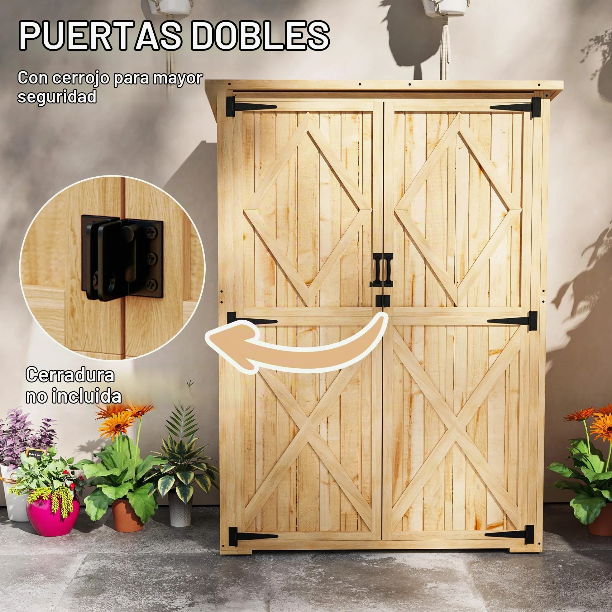 Outsunny Cobertizo jardín madera con armario y techo asfalto Natural | 2 estantes, para equipo de jardín, cobertizo de herramientas exterior, puertas dobles