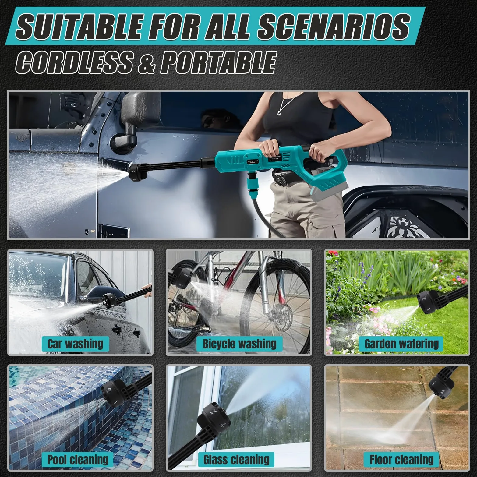 Roadtime Limpiador de Alta presión inalámbrico para Makita batería,Pistola de Limpieza portátil con línea de Agua de 5 m,Hidrolimpiadora Bateria con Boquilla 6 en 1 para Coches, Patios(sin batería)