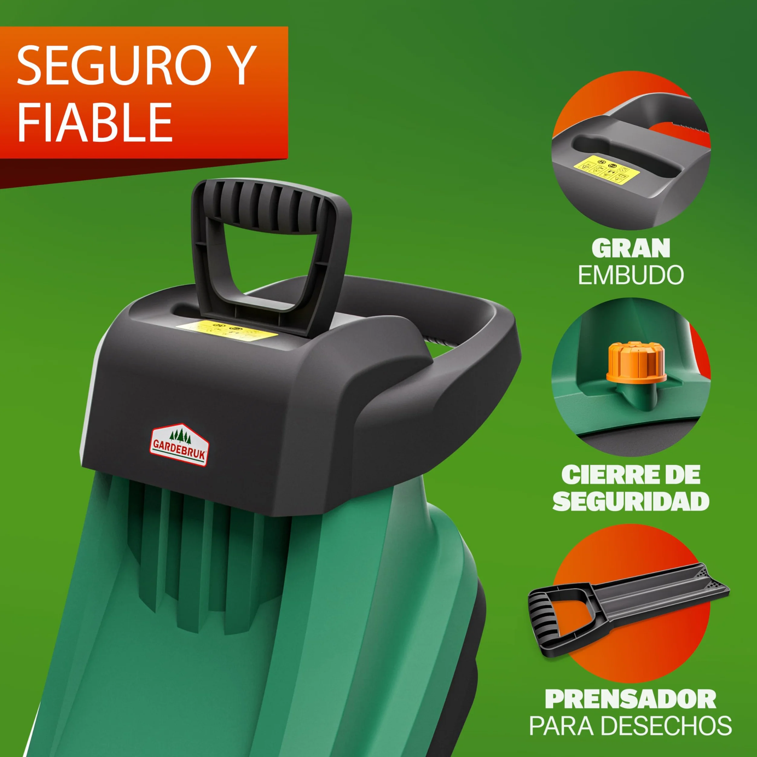 GARDEBRUK® Trituradora de Ramas Ø45mm, Triturador Electrico Jardin, Corta Troncos Leña, 2400W, Bolsa de Recolección 50L, Cuchillas de Acero, Residuos