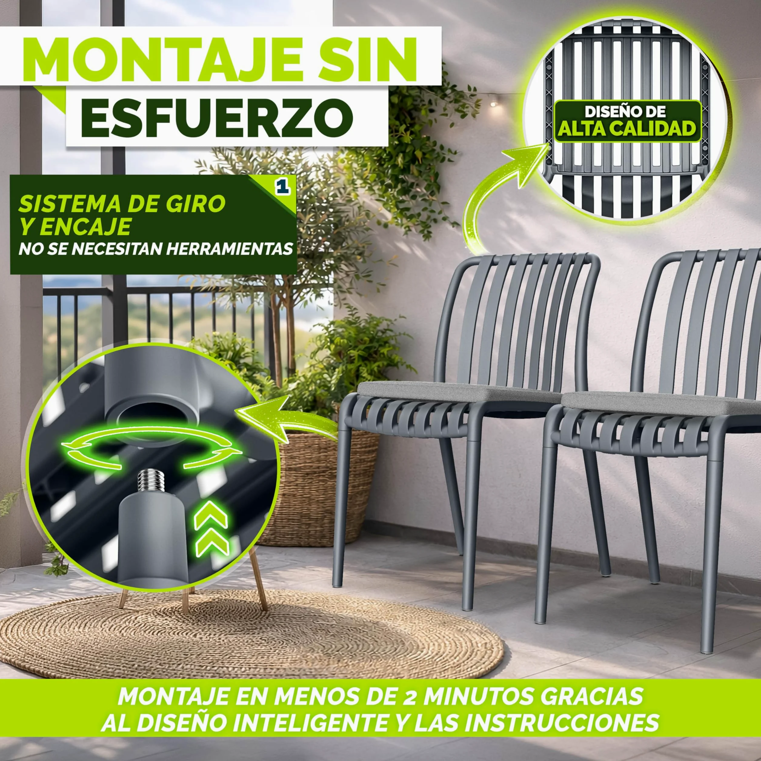 tillvex Juego de 2 sillas de jardín apilables, resistentes a la intemperie, sillas de exterior de hasta 120 kg, sillas de jardín para exteriores, muebles de terraza, balcón, jardín, terraza