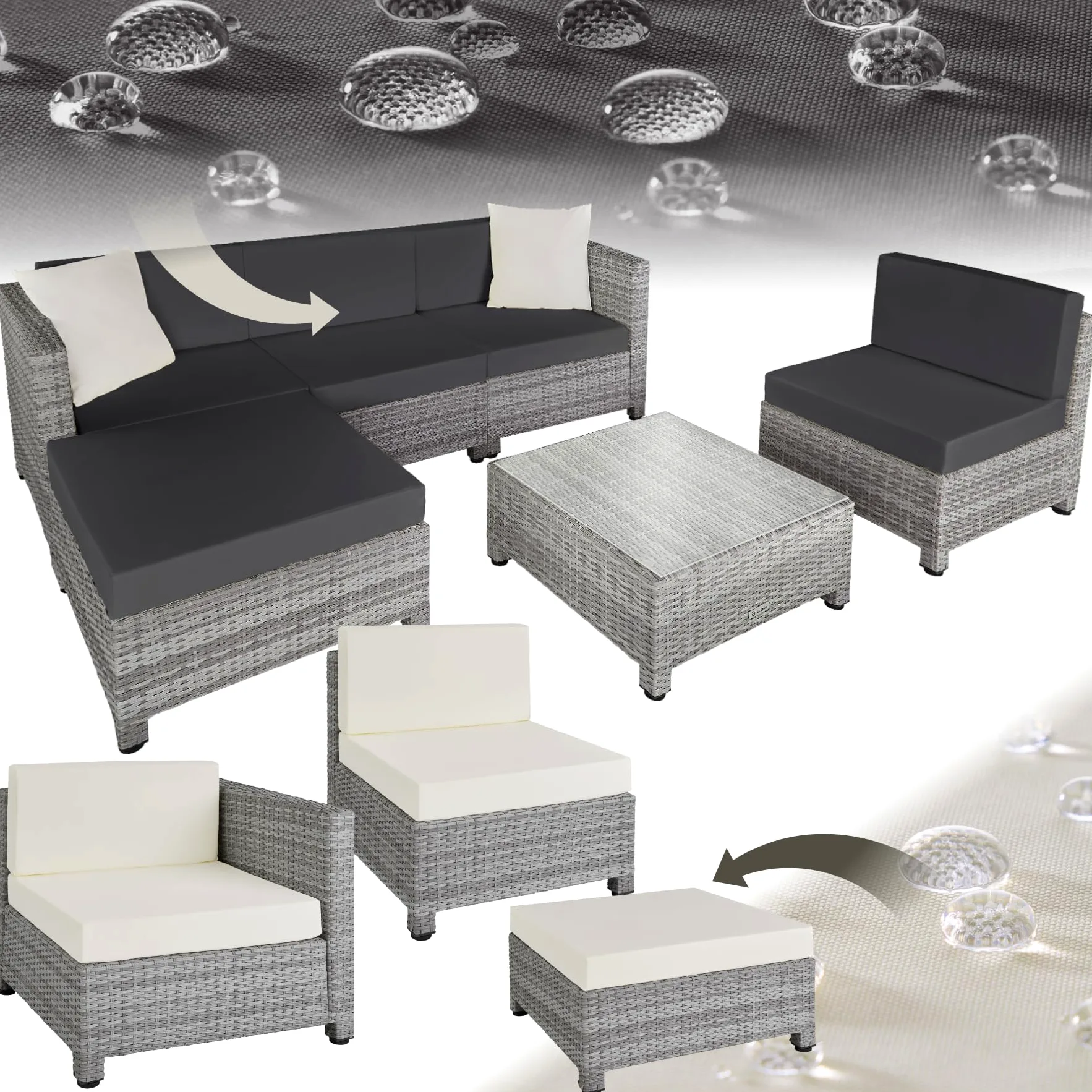 tectake® Conjunto Jardín de Ratán con Cojines y 2 Juegos de Fundas, Conjunto Terraza Resistente a la Intemperie, Muebles Jardín Exterior 4 Sillones, 1 Mesa, 1 Puf, con Tornillos en Acero - Gris Claro