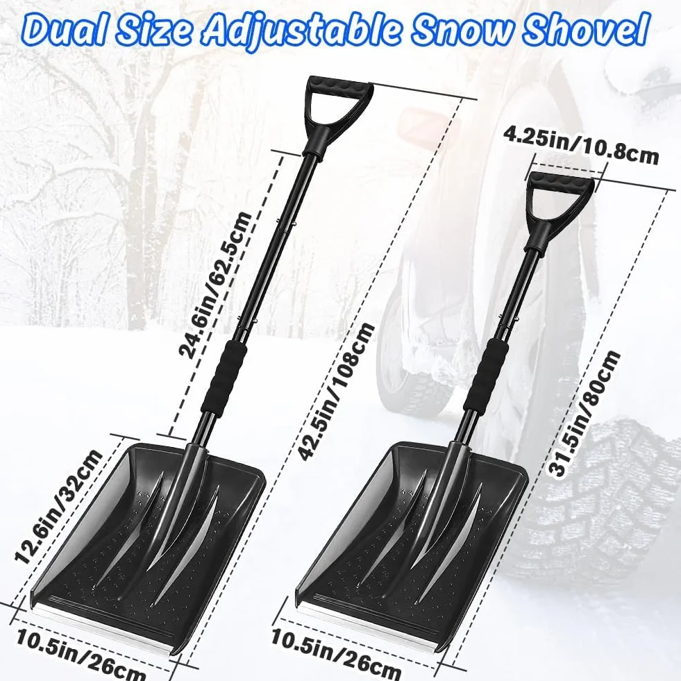 Pala Nieve, 108cm Largo, Borde Resbaladizo de Perfil de Aluminio, Diseño Desmontable de 4 Piezas, Carretilla Elevadora de Nieve Portátil Ajustable para Conducir, Acampar, Jugar con Muñecos de Nieve