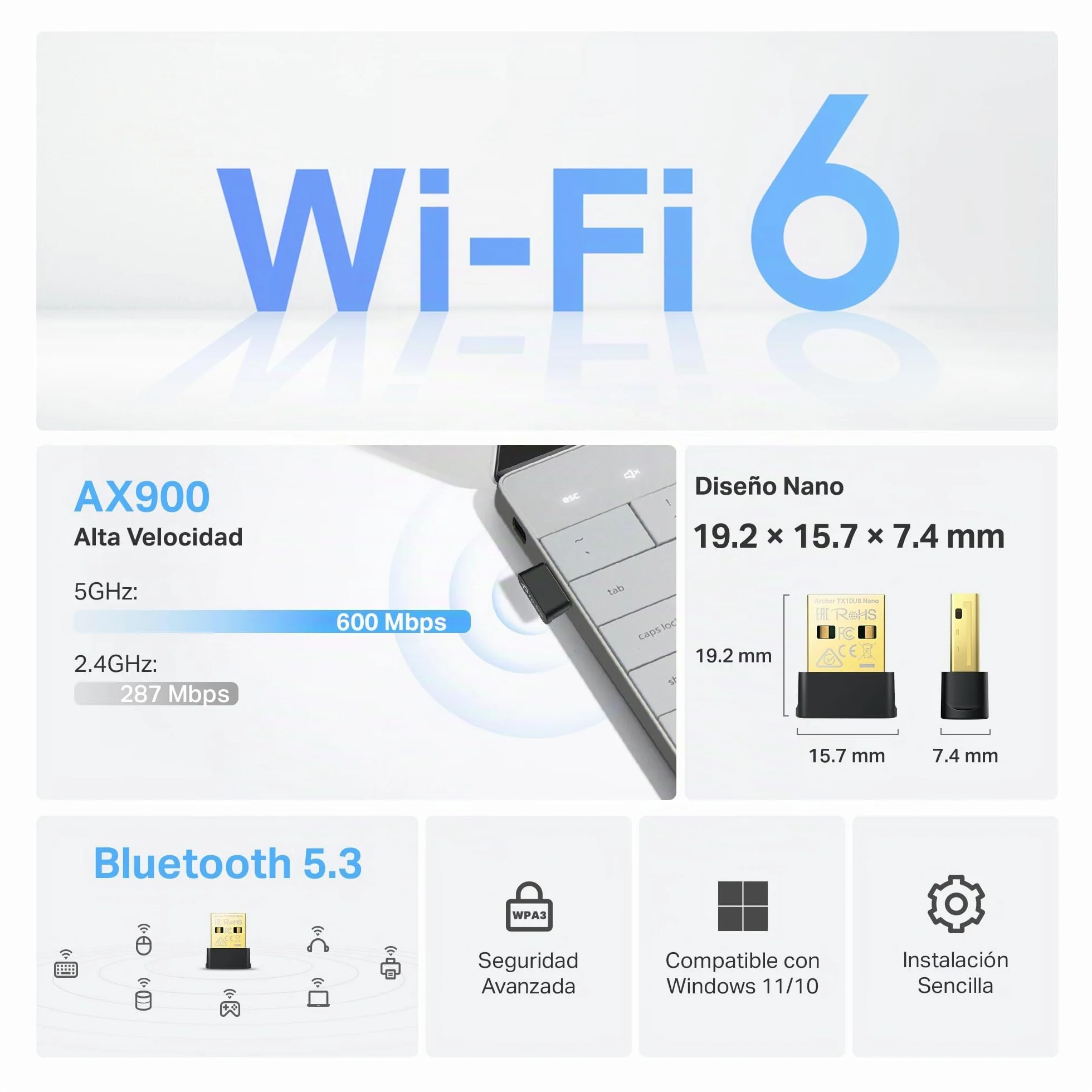 TP-Link Archer TX10UB Nano WiFi Bluetooth Adaptador PC, Wi-Fi 6 AX900 Dual Band WLAN Stick, Bluetooth 5.3, Nano tamaño, WPA3, MU-MIMO
