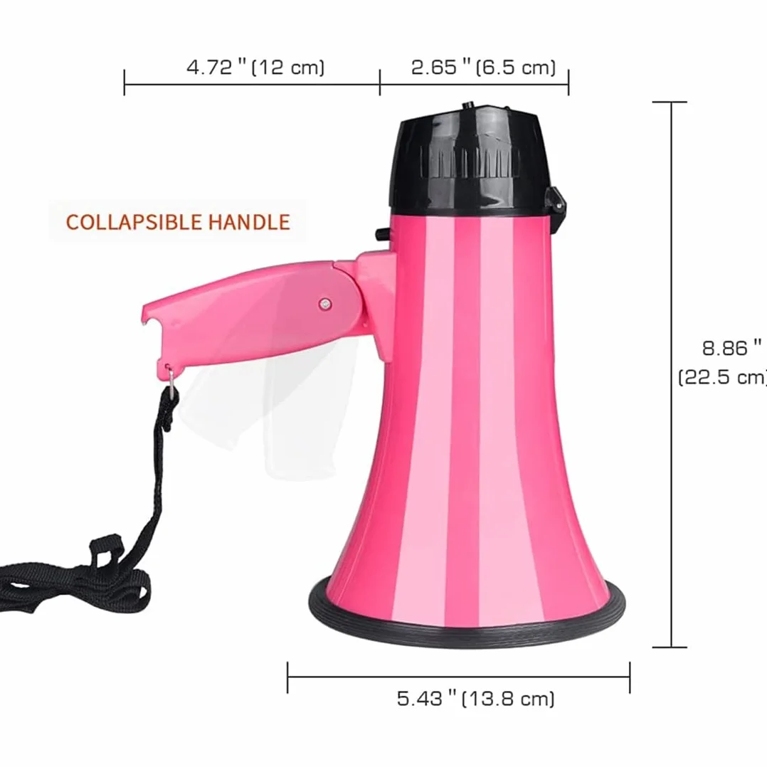 Altavoz Megáfono Compacto 25 Vatios PA Bullhorn con Sirena, Grabadora, Abrebotellas Rosa