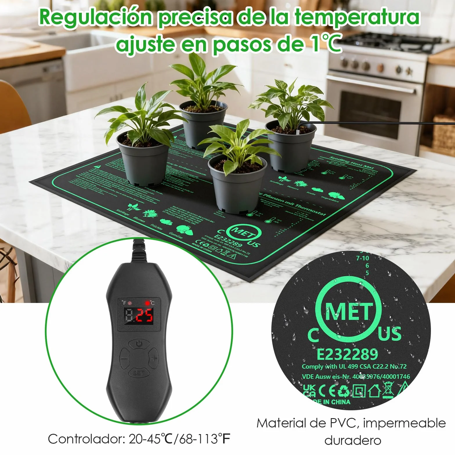 Alfombra Calefactora 70W con Termostato, 52×50cm Estera Térmica IPX4 Impermeable con Cable de Silicona y Algodón Punzonado, Temperatura Ajustable 20-45 °C para Semillas, Plantas y Reptiles
