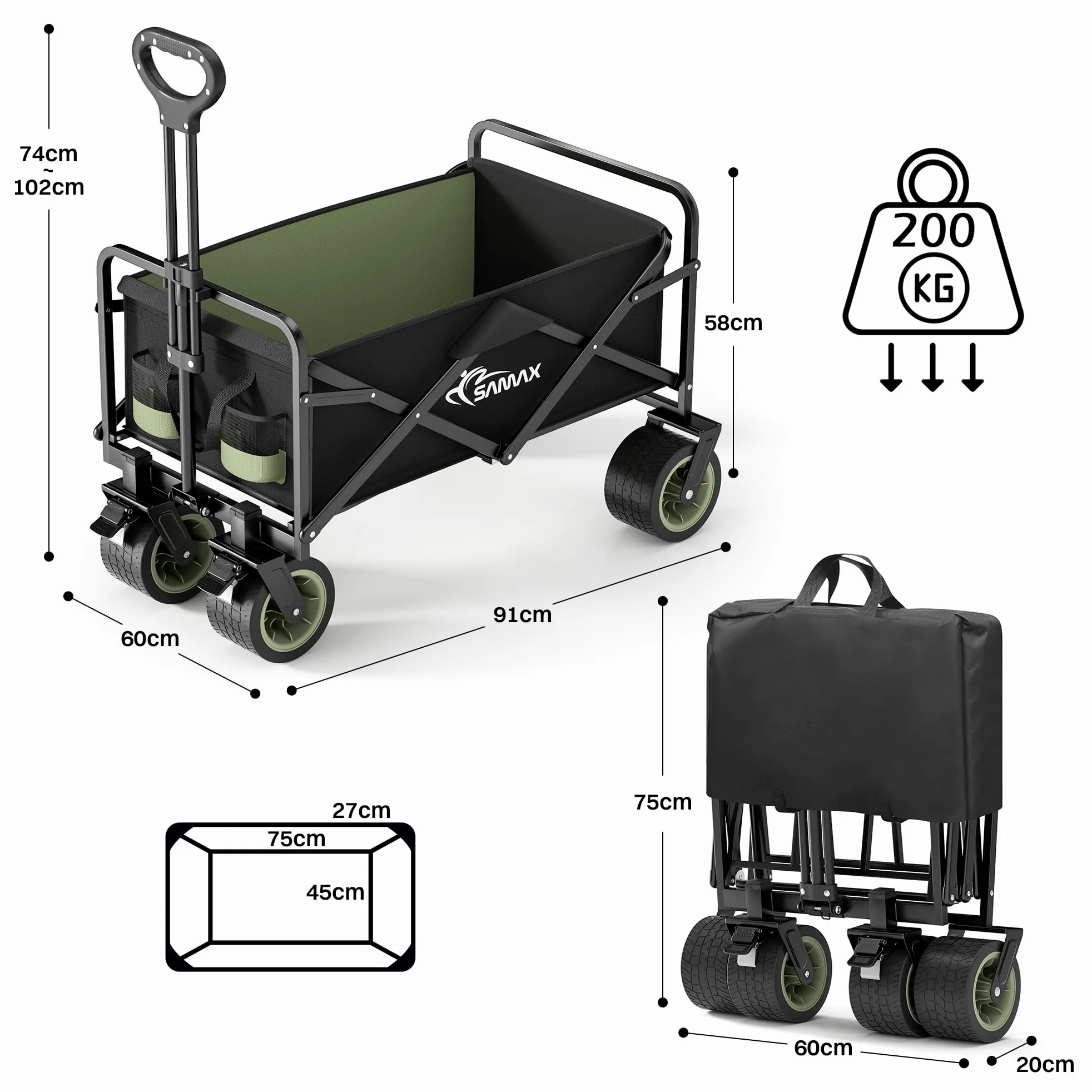 SAMAX Carrito de Offroad a Mano Plegable Coaster Carretillas de Jardín Playa de Carro Offroad 200 kg - Camping Edition Negro/Verde Matcha