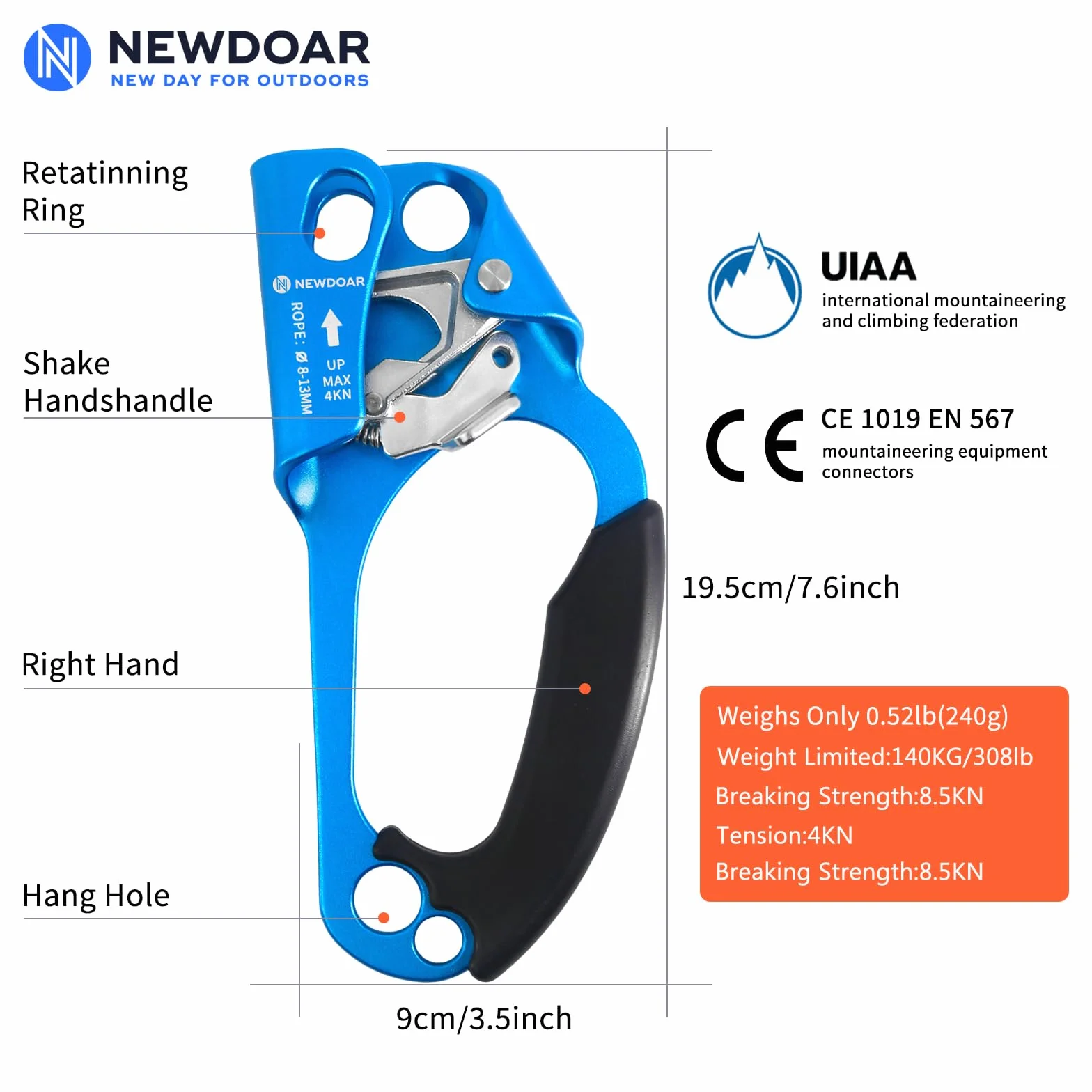 NewDoar Hand Ascender Rock Climbing Tree Arborist Rappel Gear 8~12MM Rope Clamp