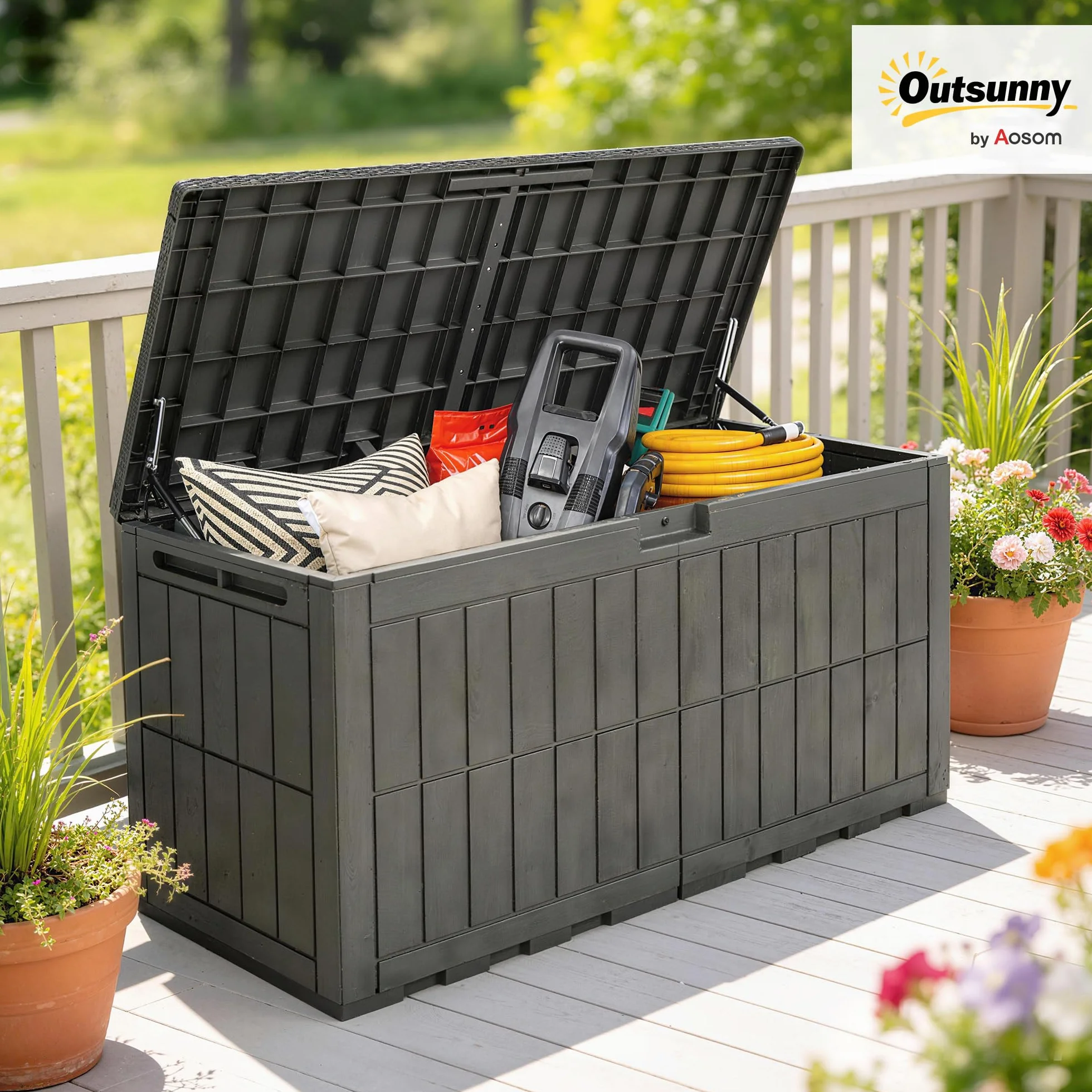 Outsunny Arcón Exterior Capacidad 440L, Baúl de Almacenaje Exterior de Resina Resistente al Agua y a los Rayos UV, con Tapa Bloqueable, Barras de Gas, Asas Laterales, para Jardín, 133x62x65 cm, Café