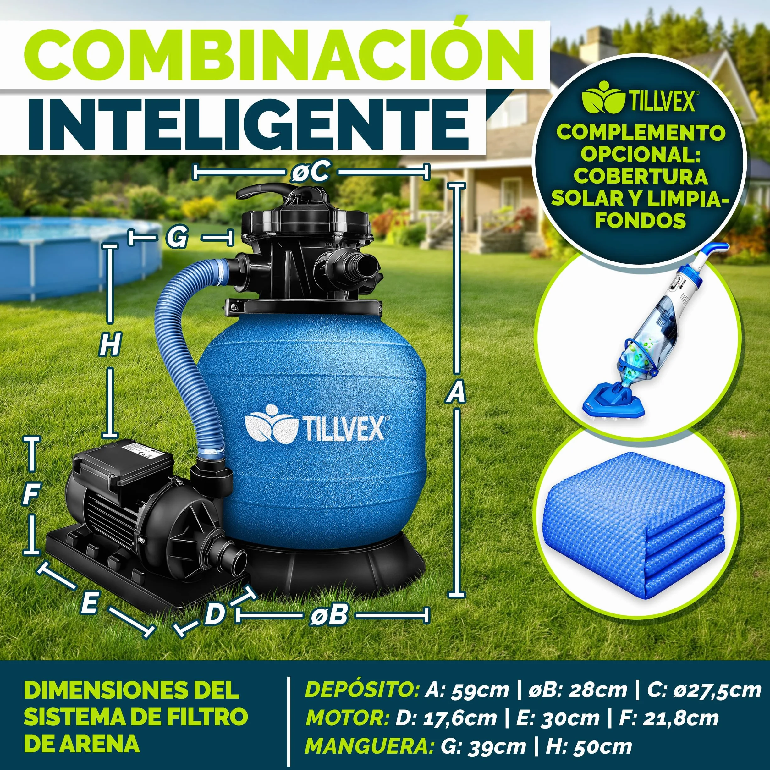 tillvex Depuradora de Agua para Piscina 7.900L/h + 400g Bolas de Filtro | 7 Funciones de Filtrado & Adaptador Ø32-38mm | Filtro de piscina con indicador de presión (Azul)