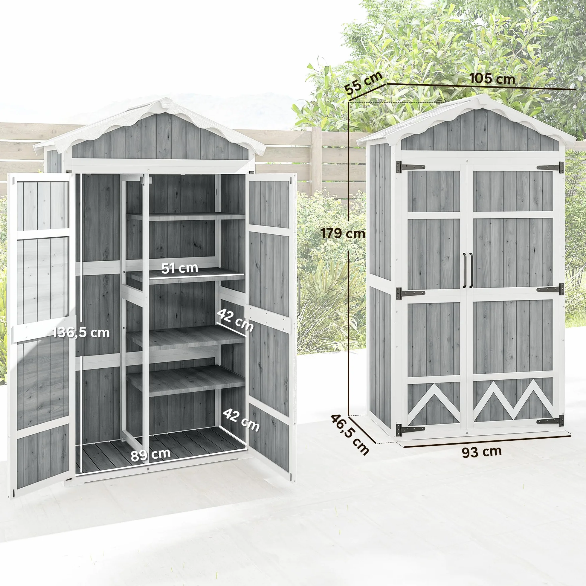 Outsunny Caseta de Jardín de Madera 105x55x179 cm Cobertizo Jardín Exterior Impermeable Armario Exterior Herramientas con Puertas 4 Estantes Extraíbles Techo Metal Galvanizado Pies Ajustables Gris