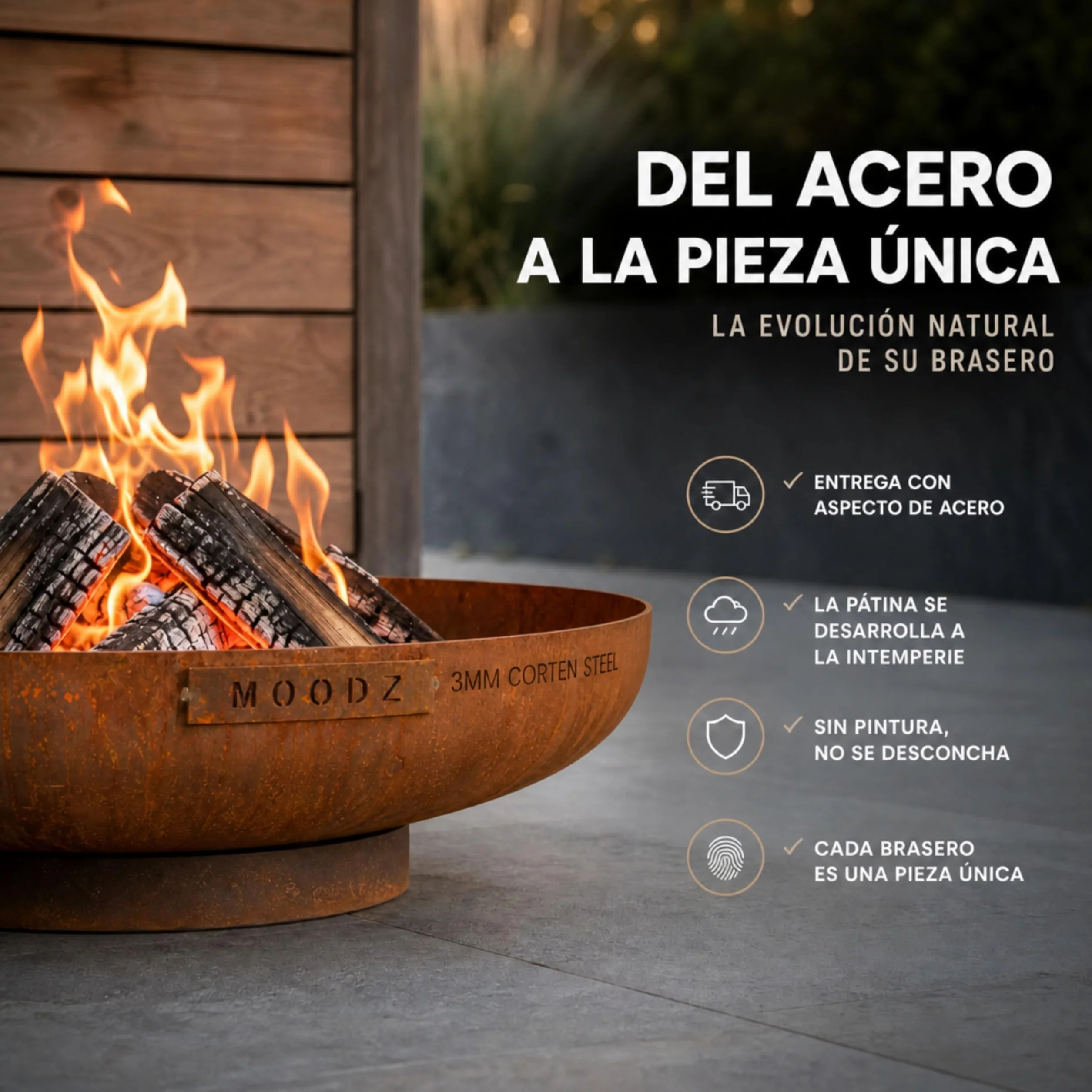 MOODZ Brasero de Exterior en Acero Corten Ø 100 cm - Pozo de Fuego Robusto de 3 mm de Espesor - Fogón de Jardín Resistente a la Intemperie - Gran Cuenco de Fuego para Terraza y Patio