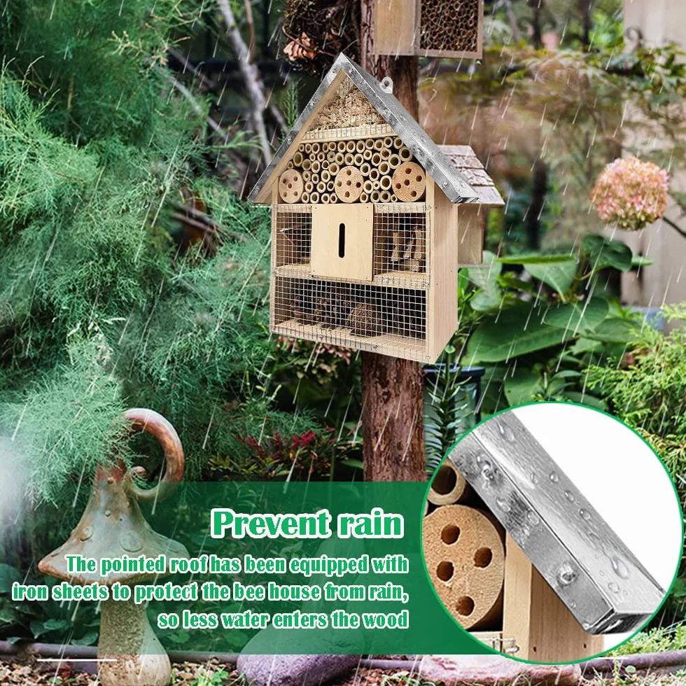Hotel De Insectos para Exterior Colgar, Casa De Insectos De Madera para La Decoración del Jardín Arbol, Casita Insectos con Techo Metalico Y Gancho, para Abeja Mariposa Mariquitas Vivas Insectos