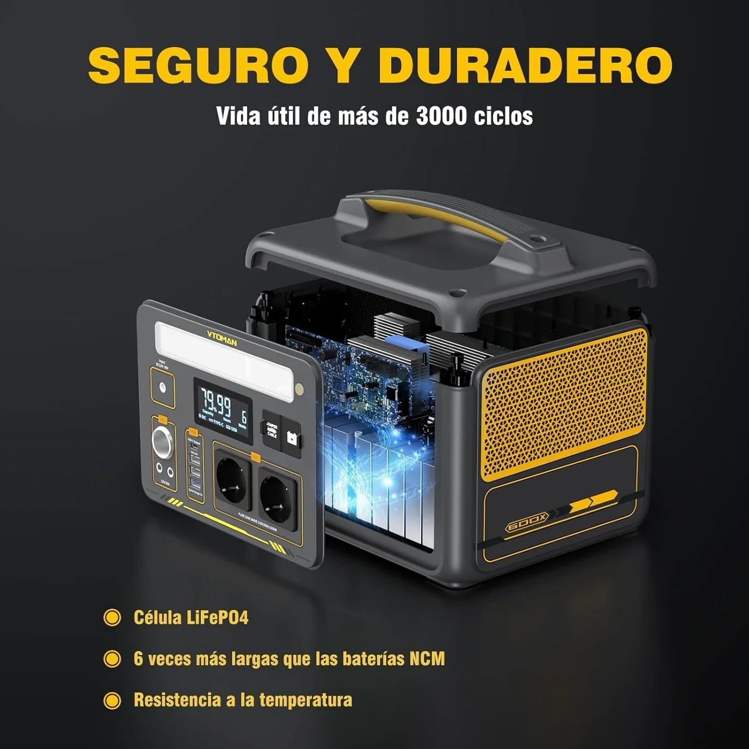 VTOMAN Jump 600X 299Wh Generador Solar, 600W Salida de CA para Apagones | LiFePO4 Batería, Arranque de Coche, Potencia Pico 1200W, LED Linterna, Capacidad Ampliable a 939Wh, Acampadas, Jardín y RV