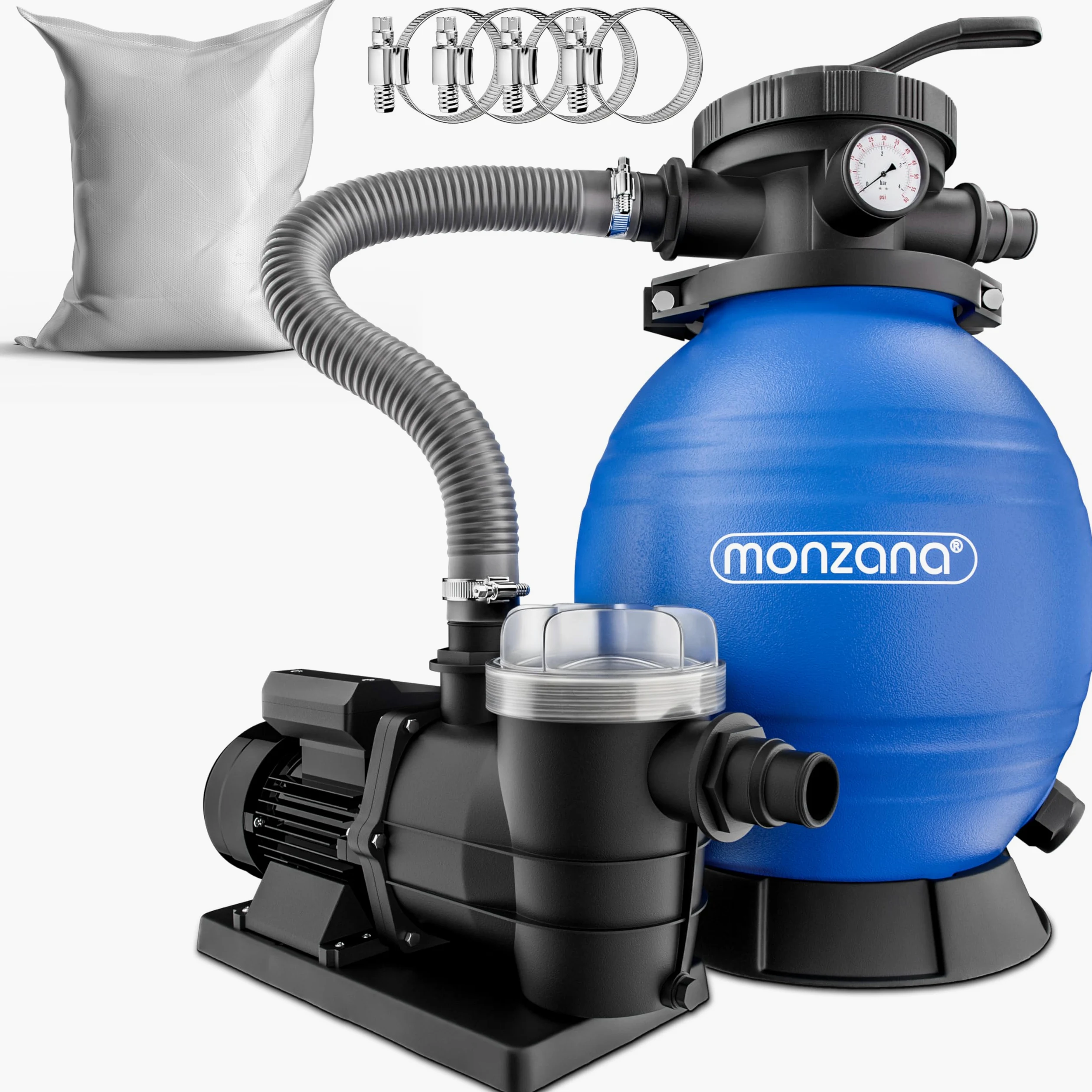 MONZANA Depuradora Piscina 9.600L/h | Filtro Arena 30.000L, Vidrio Filtrante, Valvula 7 Funciones Filtrado, 400W, Bomba, Indicador Presión, Adaptador Ø32-38mm