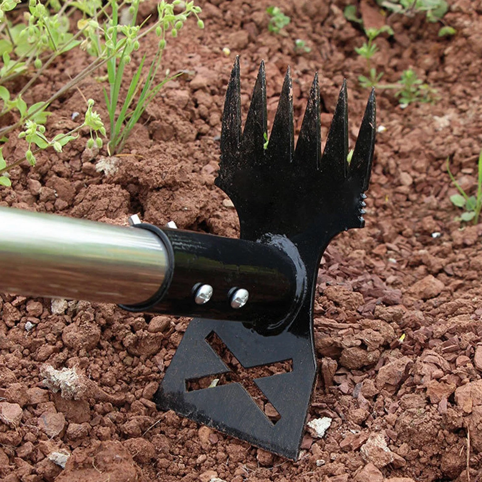 Rastrillo Manual Resistente para Desherbar con Cabezal de Doble Punta, Herramienta de Mantenimiento de Jardín, de Acero Al Carbono, Desherbador, 5 Secciones