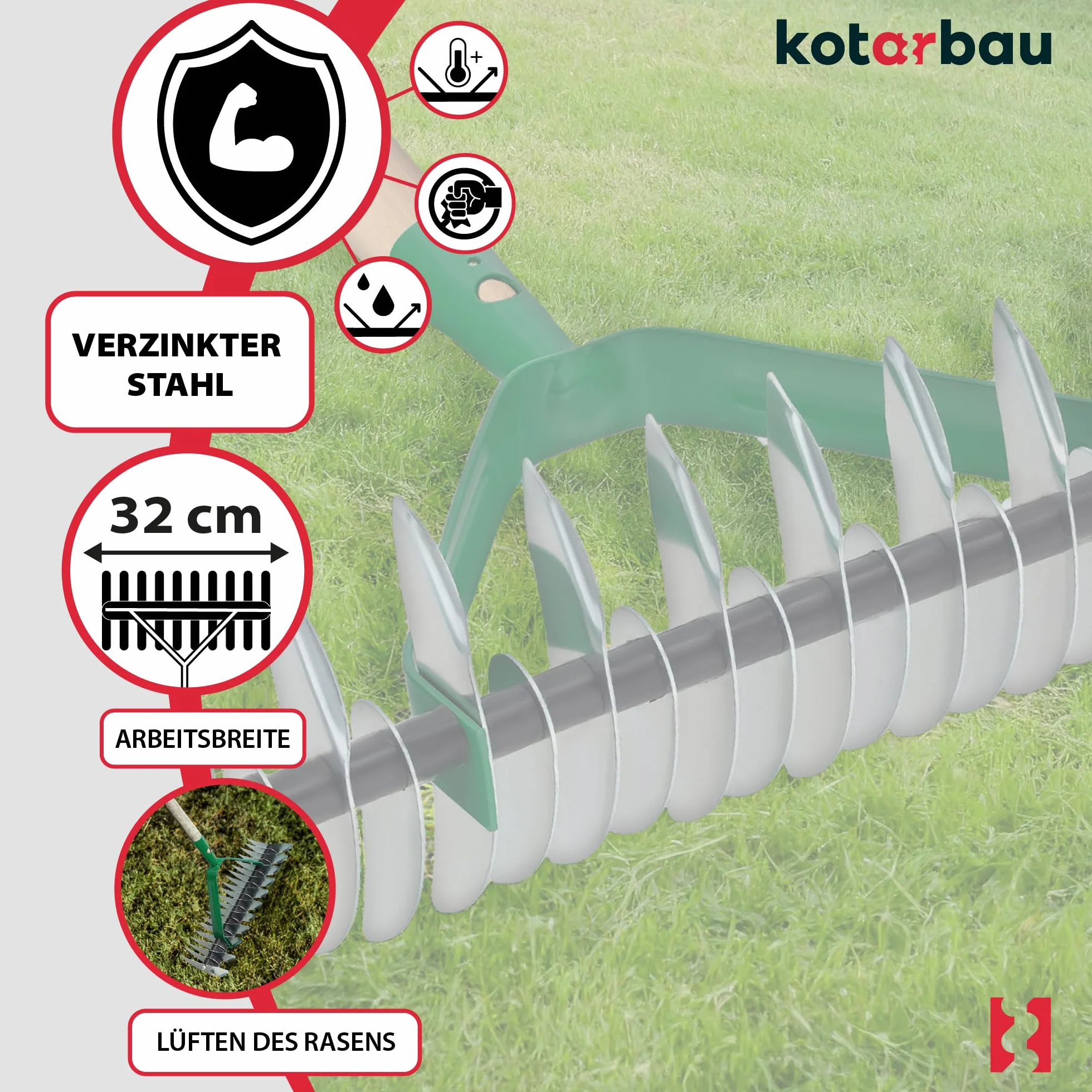 KOTARBAU® Escarificador de Doble Cara, Escarificador de Acero con Mango de Madera, Escarificador Manual, Rastrillo Cortador para Eliminar el Musgo y los restos de césped, Aireador