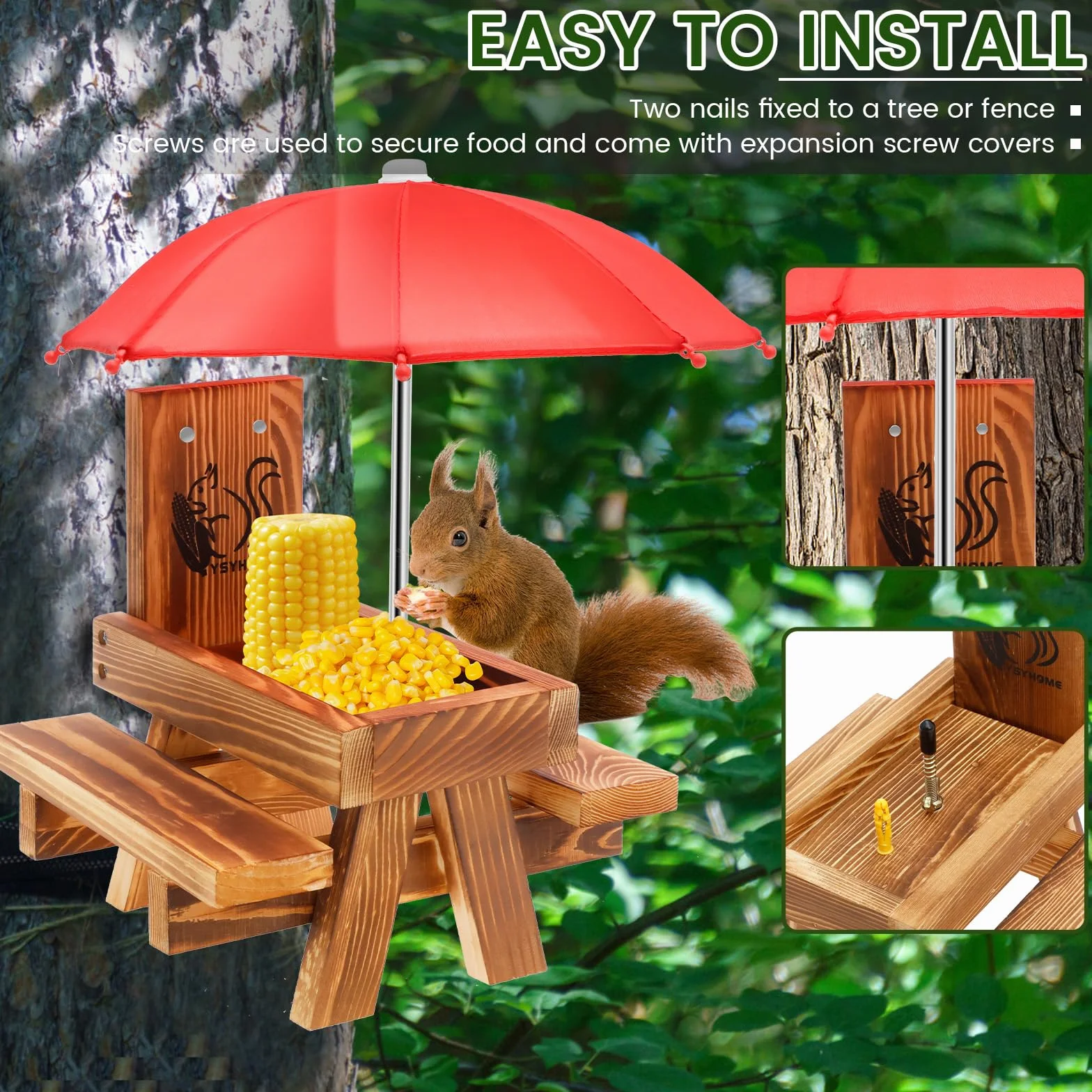 Alimentador de ardilla de madera con paraguas,Alimentador de ardilla para exteriores Mesa de picnic Divertida con estructura sólida Alimentador de ardilla con soporte para mazorcas de maíz