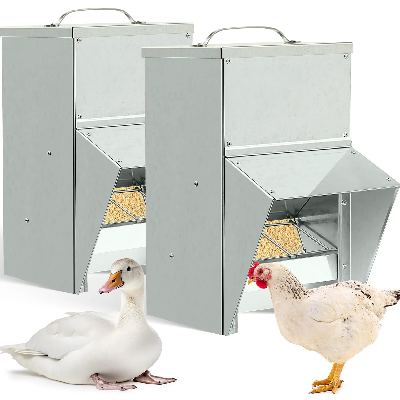 Uiifan 2 comederos galvanizados para pollo, resistentes a la intemperie, dispensador de alimentos para aves de corral con tapa, dispensador de comida de pollo, alimentador de pato, comedero de pollo a