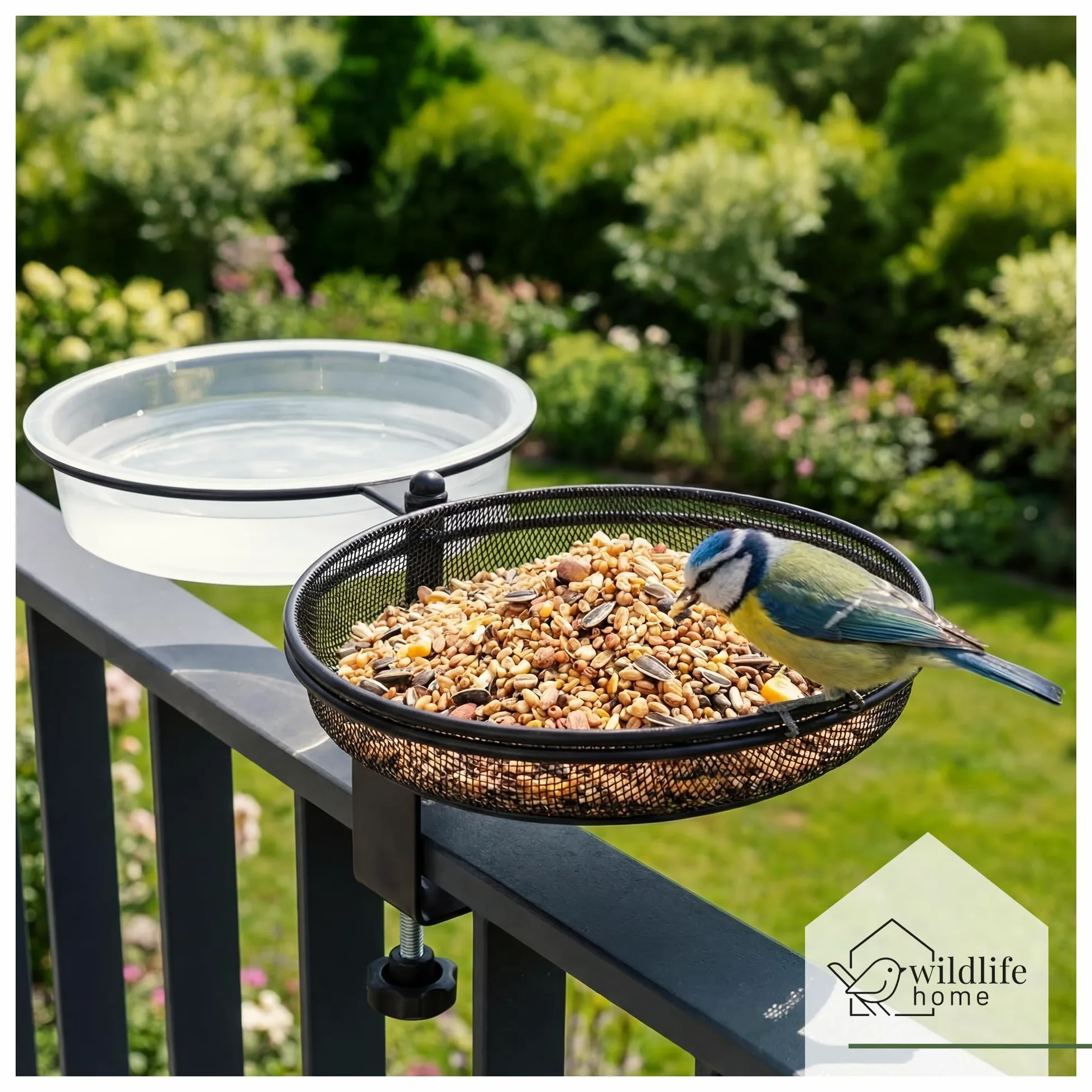 WILDLIFE HOME Comedero para pájaros con bebedero para pájaros para colgar balcón, bebedero para pájaros 2 en 1 con comedero, estación de alimentación para pájaros silvestres con soporte de metal para