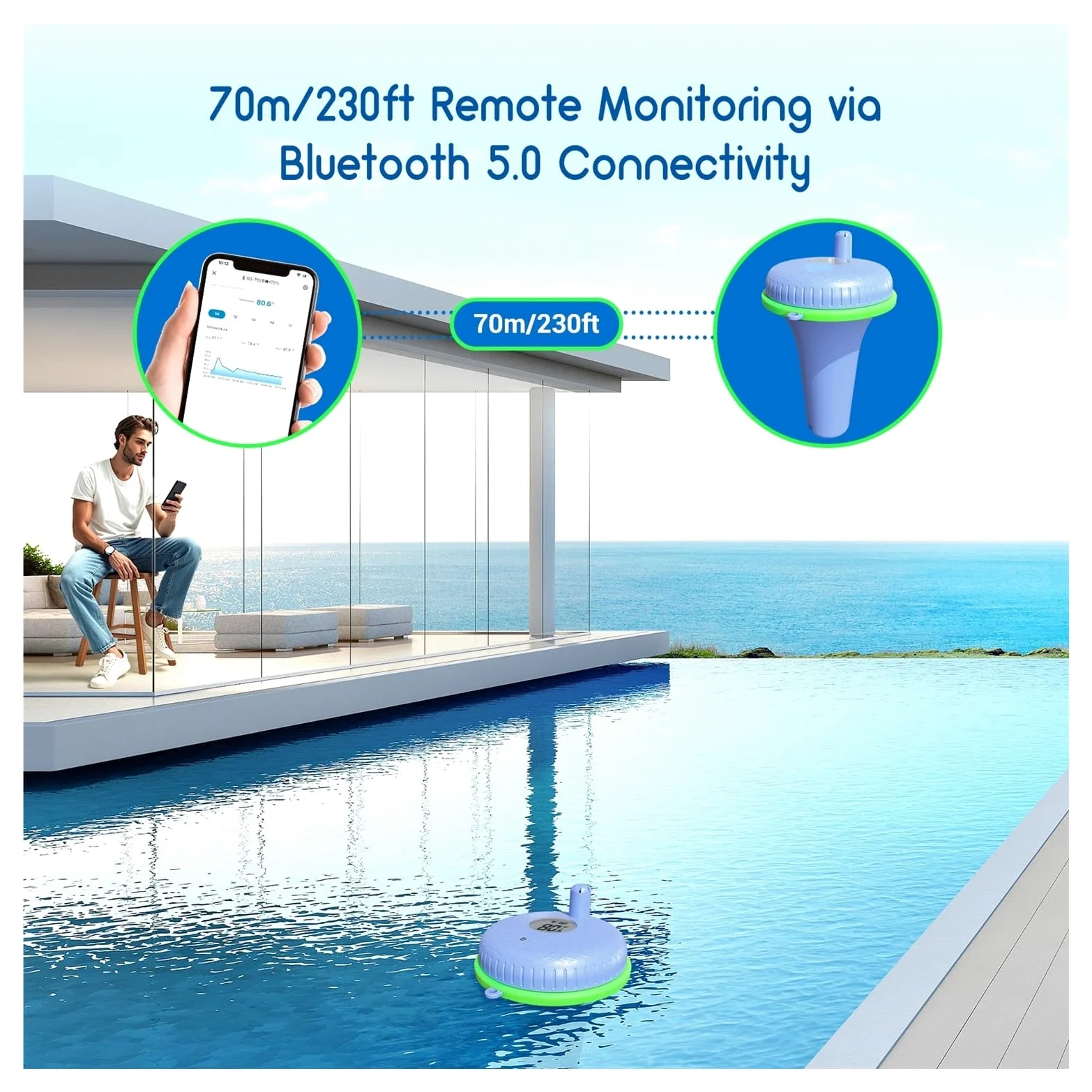 Termómetro de Piscina Flotante con Bluetooth, termómetro Digital Impermeable for Piscinas, acuarios, spas y estanques.(Normal Version)