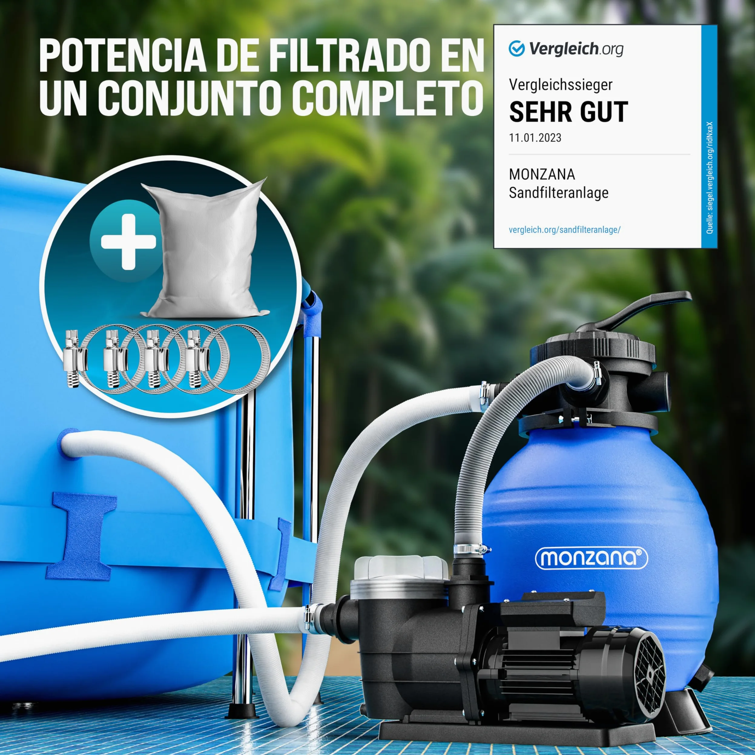 MONZANA Depuradora Piscina 9.600L/h | Filtro Arena 30.000L, Vidrio Filtrante, Valvula 7 Funciones Filtrado, 400W, Bomba, Indicador Presión, Adaptador Ø32-38mm