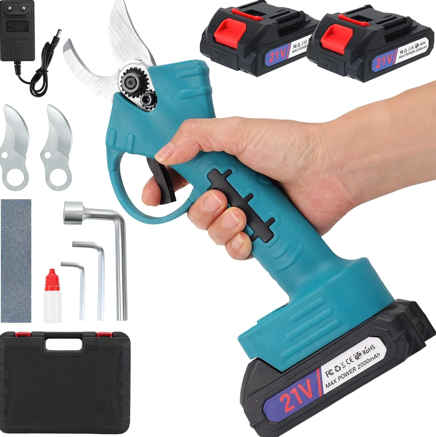 Tijeras de Podar Electricas,33mm 21V Potentes Tijeras de Podar con 2 x 2000mAh Baterías,1000W Larga Duración,Silenciosa,Podadoras Profesionales sin Escobillas para Jardinería,árboles Frutales,Viñedos