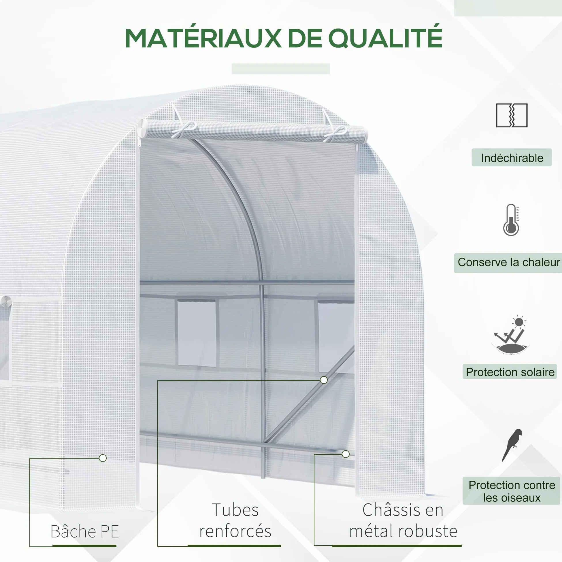 Outsunny - Invernadero de jardín (9 m², 4,45 x 2 x 2 m, Marco Tubular Reforzado 18 mm, 6 Ventanas), Color Blanco | Invernadero de jardín Túnel, todas las estaciones, verduras frutas, flores, lona PE de alta densidad 140 g/m²