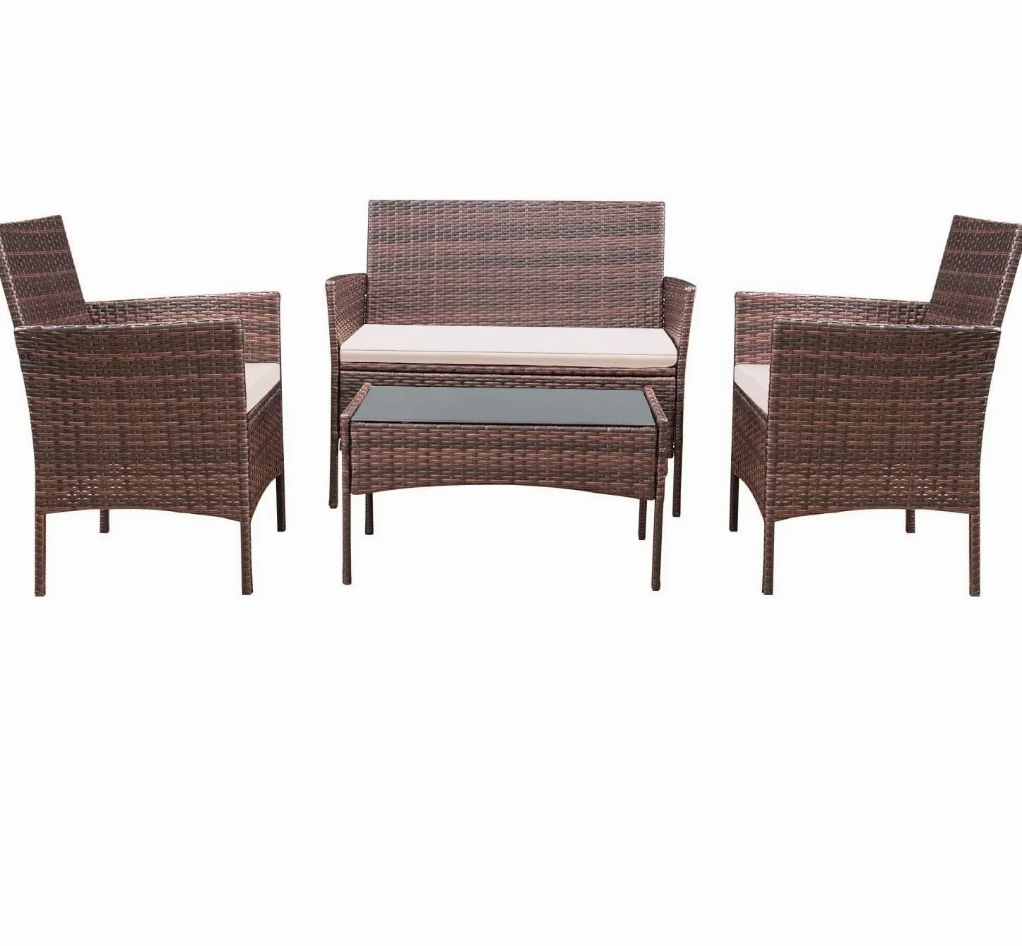 Muebles Jardin Exterior Conjunto Terraza Exterio de Ratán 4 Piezas Set,2 Sillones,1 Sofá de Doble Asiento y 1 Mesa para 4 Personas para Patio Terraza Exterior