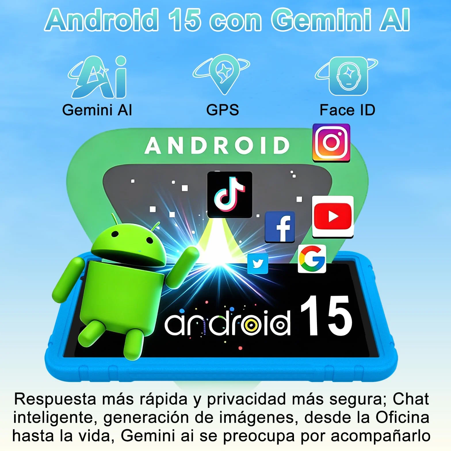 Tablet 10 Pulgadas Android 15 Gemini AI 30+128GB Octa-Core GPS WiFi 6 Widevine L1 8000mAh Control Parental Azul