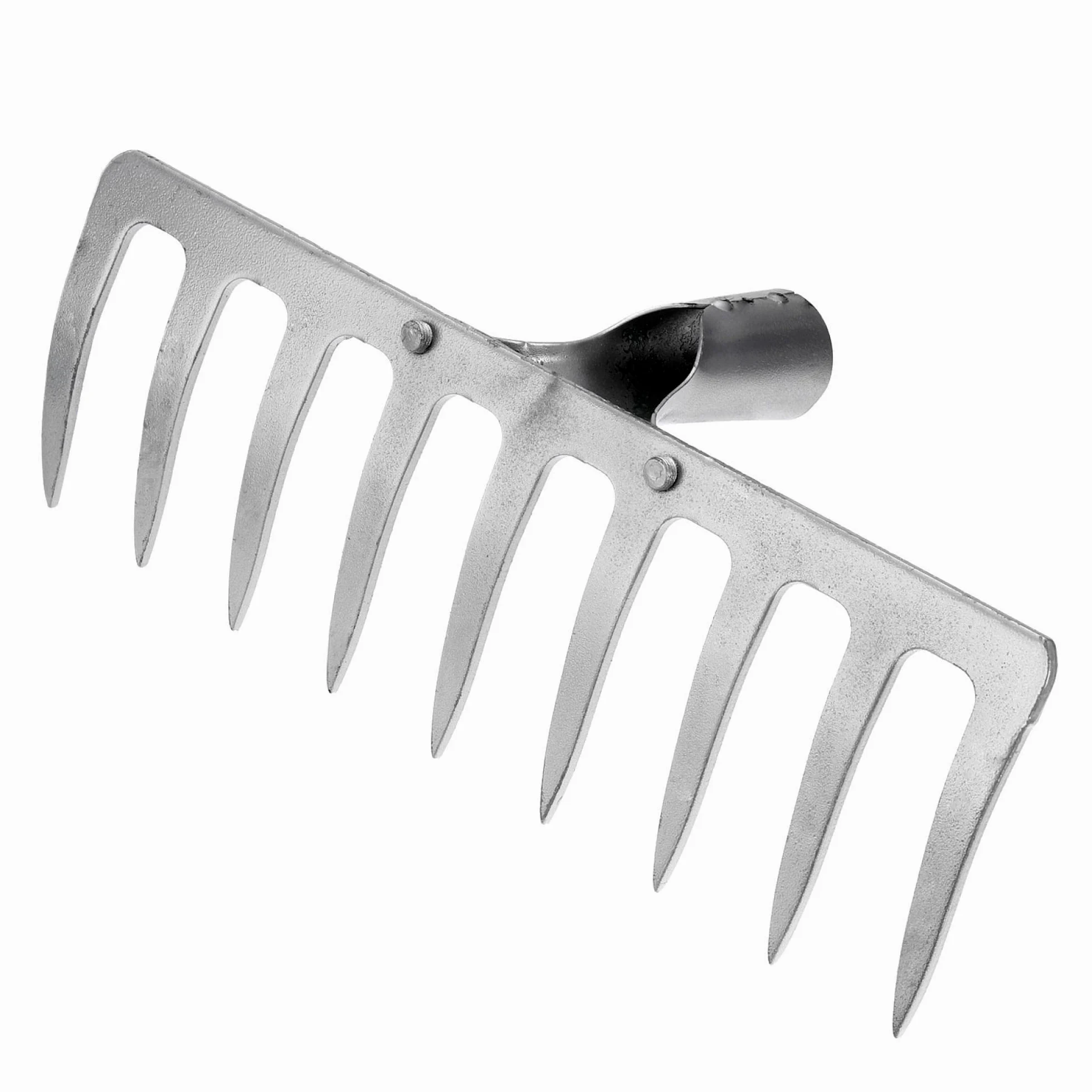 uxcell Cabezal de rastrillo de jardín de 9 dientes, acero galvanizado al manganeso para jardín, granja, patio, sin manga, cabeza de rastrillo dura, tono plateado