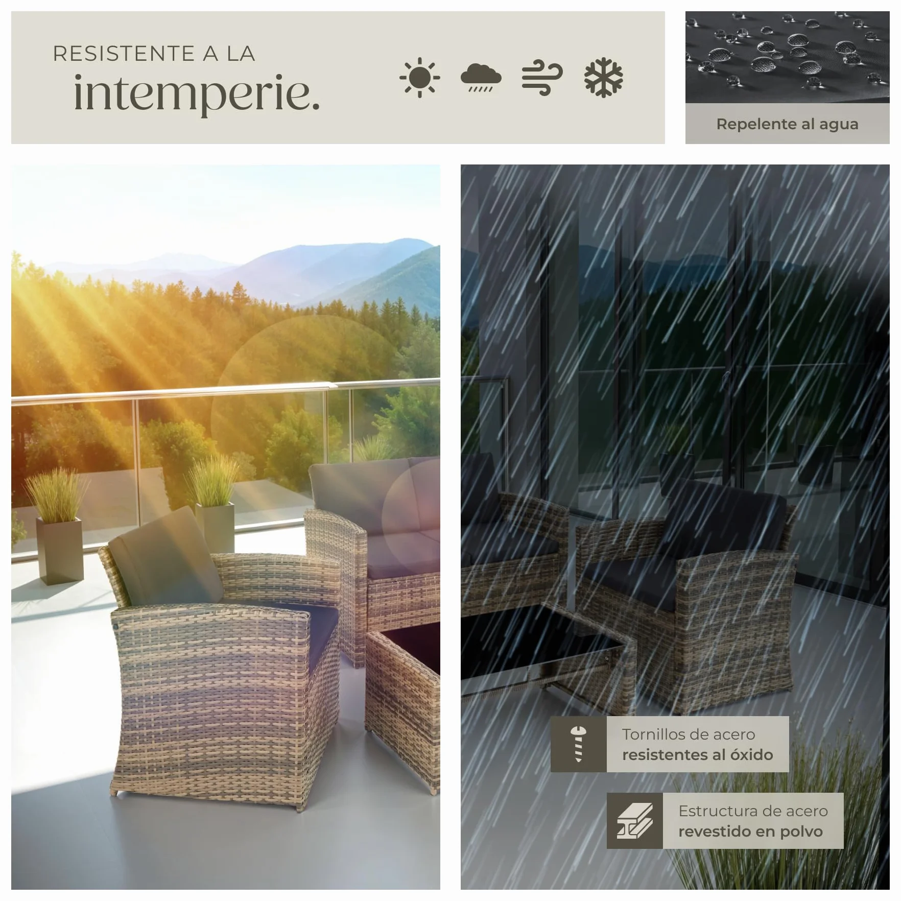 tectake® Conjunto Jardín de Ratán y Acero, Muebles Jardín Exterior, 2 Sillones 1 Sofá 1 Mesa con Cristal, Conjunto Terraza Resistente a Intemperie, con Cojines, Fundas Extraíbles - natural/gris oscuro
