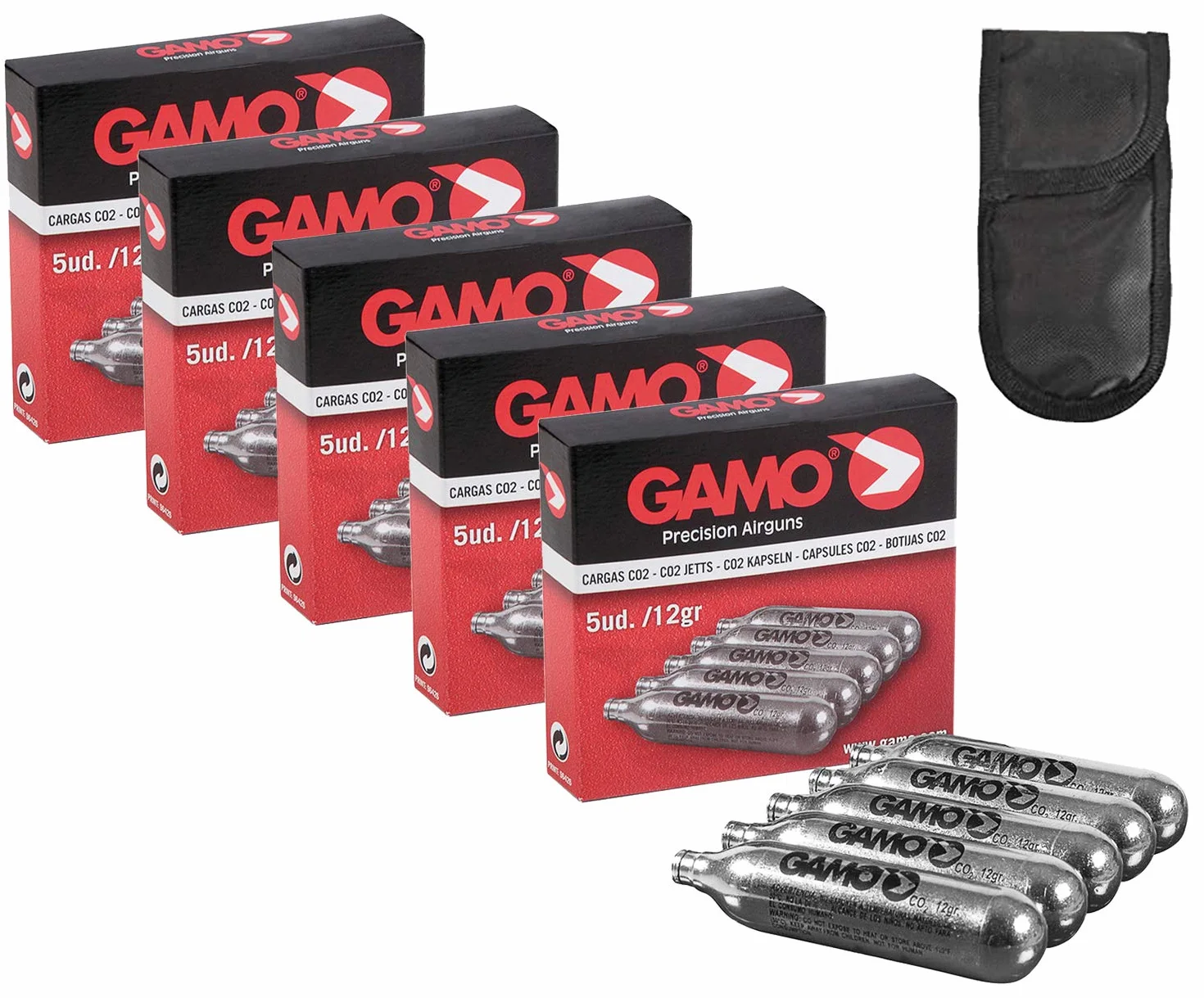 Gamo 25 bombonas CO2 12 gr para pistolas y carabinas + funda portabombonas