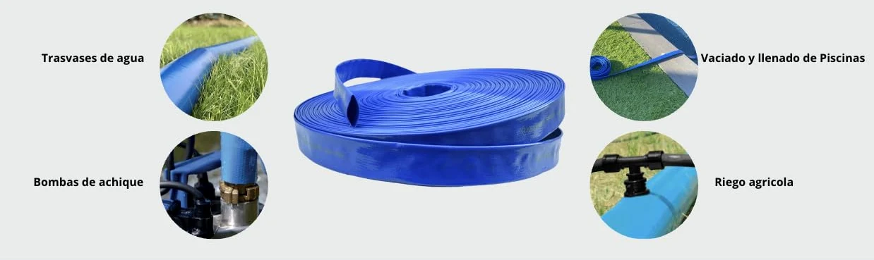 Manguera Plana de PVC Azul de DN38mm con abrazaderas. (38mm T100m.)