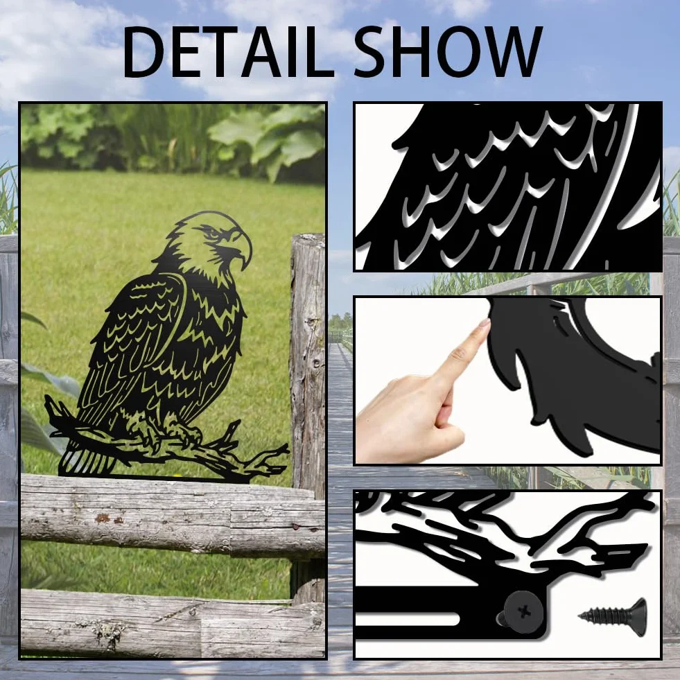 WADORN Águila metal jardín patio decoración arte pájaro sobre rama hierro decorativo jardín estacas animales salvajes silueta negra decoración de valla al aire libre para árbol adornos de pared patio