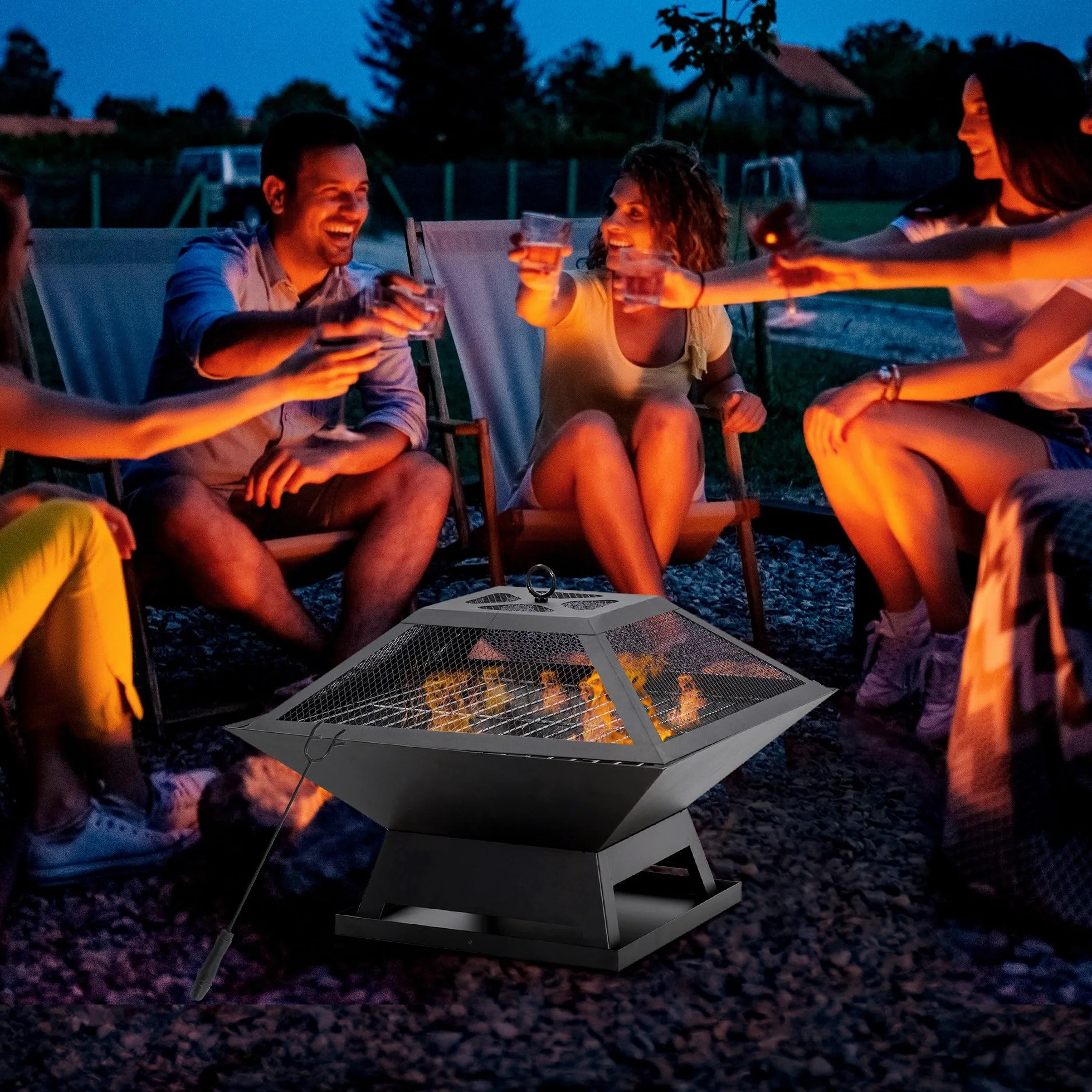 Outsunny Brasero Exterior de Acero Pozo de Fuego para Jardín Multifuncional con Protector de Chispas y Atizador para Barbacoa Hogueras en Terraza Camping 45x45x34 cm Negro