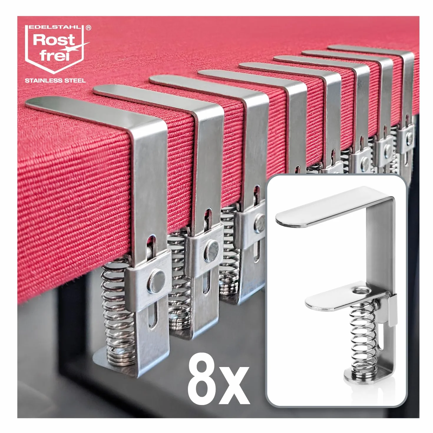 com-four® 8X Pinza para Mantel de Primera Calidad Fabricada en Acero Inoxidable - Pinzas para Mesa con Resorte para mesas con un Grosor de 2,7-5,5 cm - Pinza para Mantel a Prueba