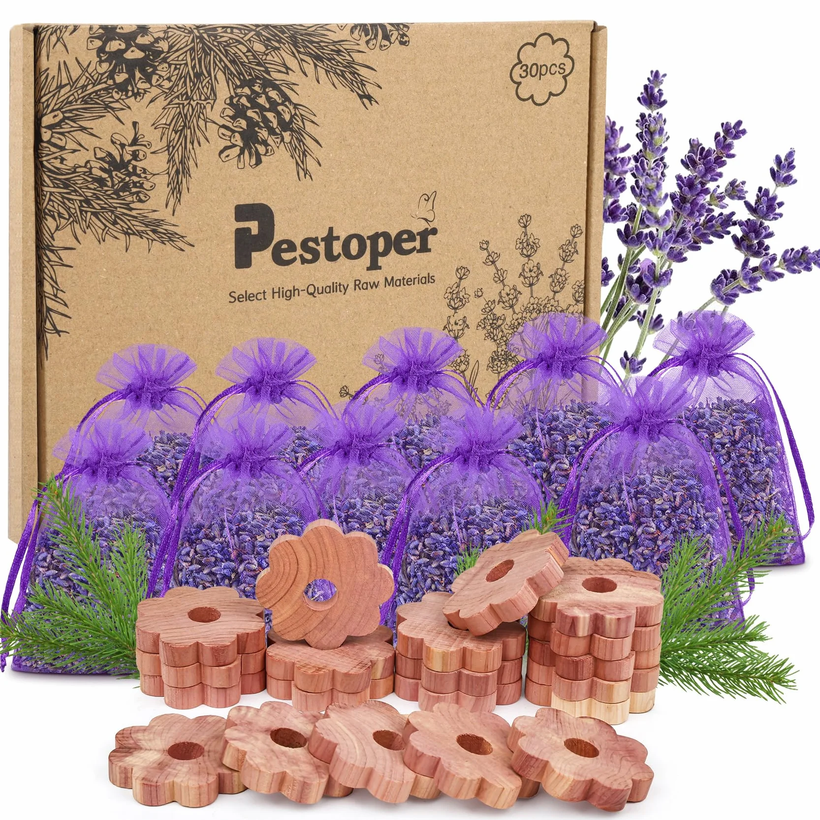 30 Piezas Antipolillas para Ropa Armario, 20 Anillos De Polilla 10 Bolsitas De Lavanda, Protección contra Polilla De Ropa, Ambientador Armario Polillas Trampas